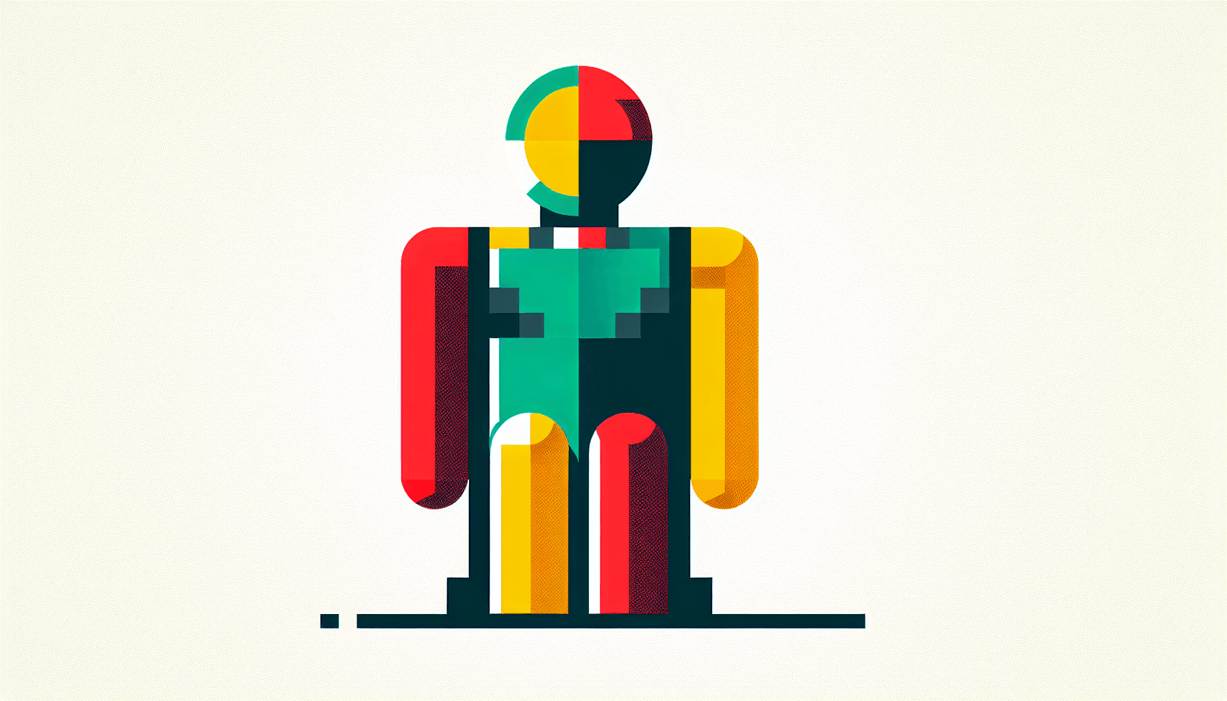 Crash test dummy in flat illustration style and white background, red #f47574, green #88c7a8, yellow #fcc44b, and blue #645bc8 colors.