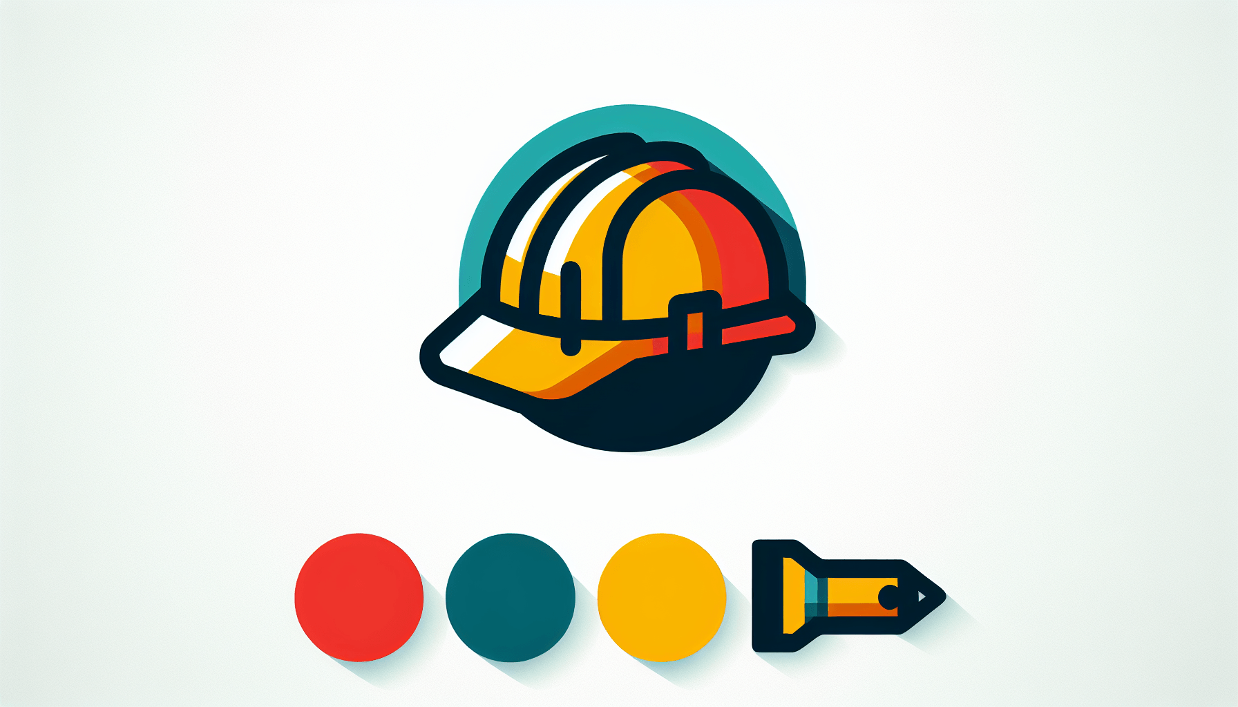 Hardhat in flat illustration style and white background, red #f47574, green #88c7a8, yellow #fcc44b, and blue #645bc8 colors.