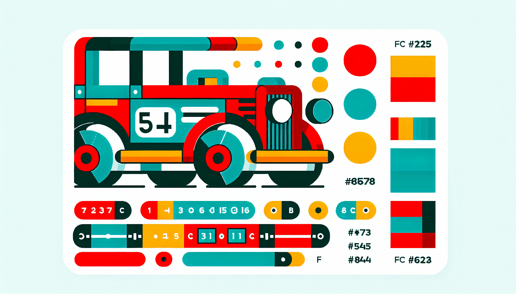 Toy car in flat illustration style and white background, red #f47574, green #88c7a8, yellow #fcc44b, and blue #645bc8 colors.