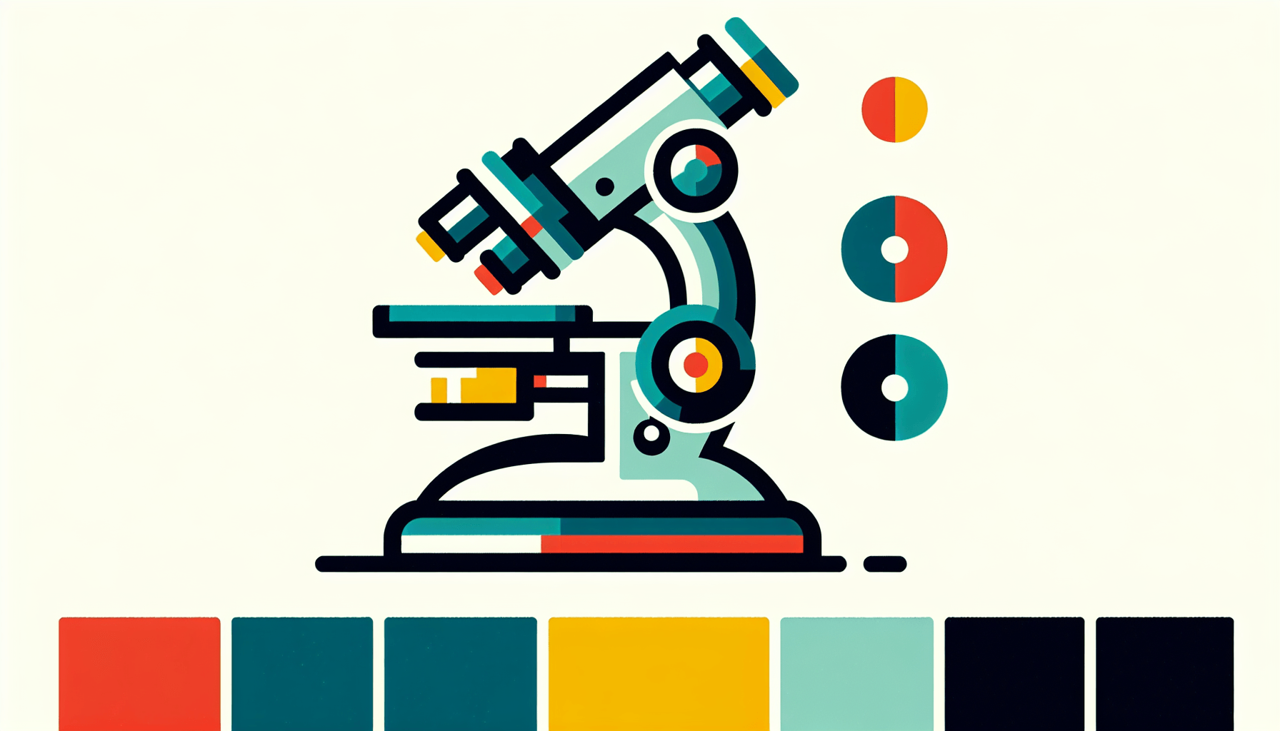 Microscope in flat illustration style and white background, red #f47574, green #88c7a8, yellow #fcc44b, and blue #645bc8 colors.