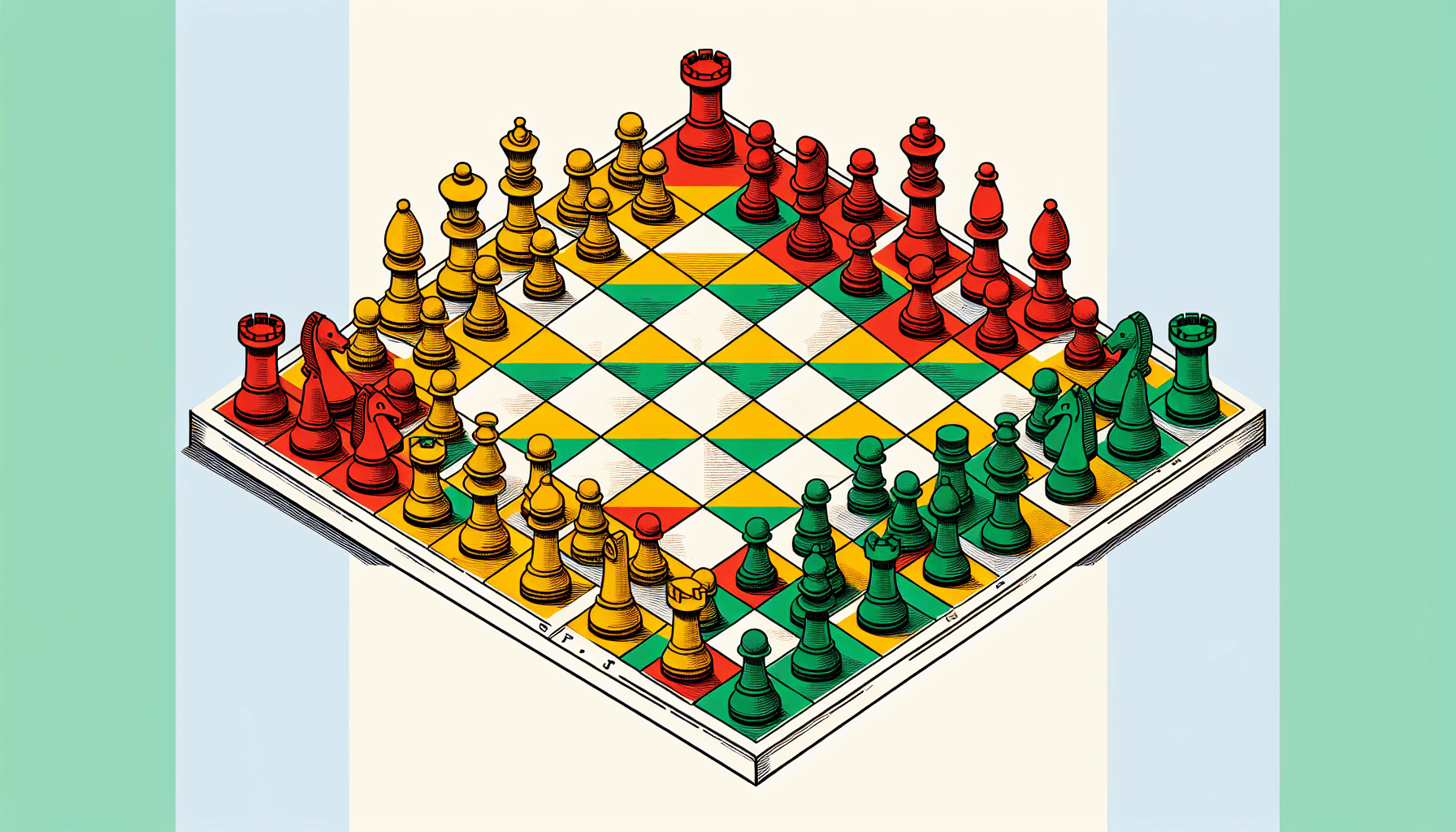 Chessboard in flat illustration style and white background, red #f47574, green #88c7a8, yellow #fcc44b, and blue #645bc8 colors.