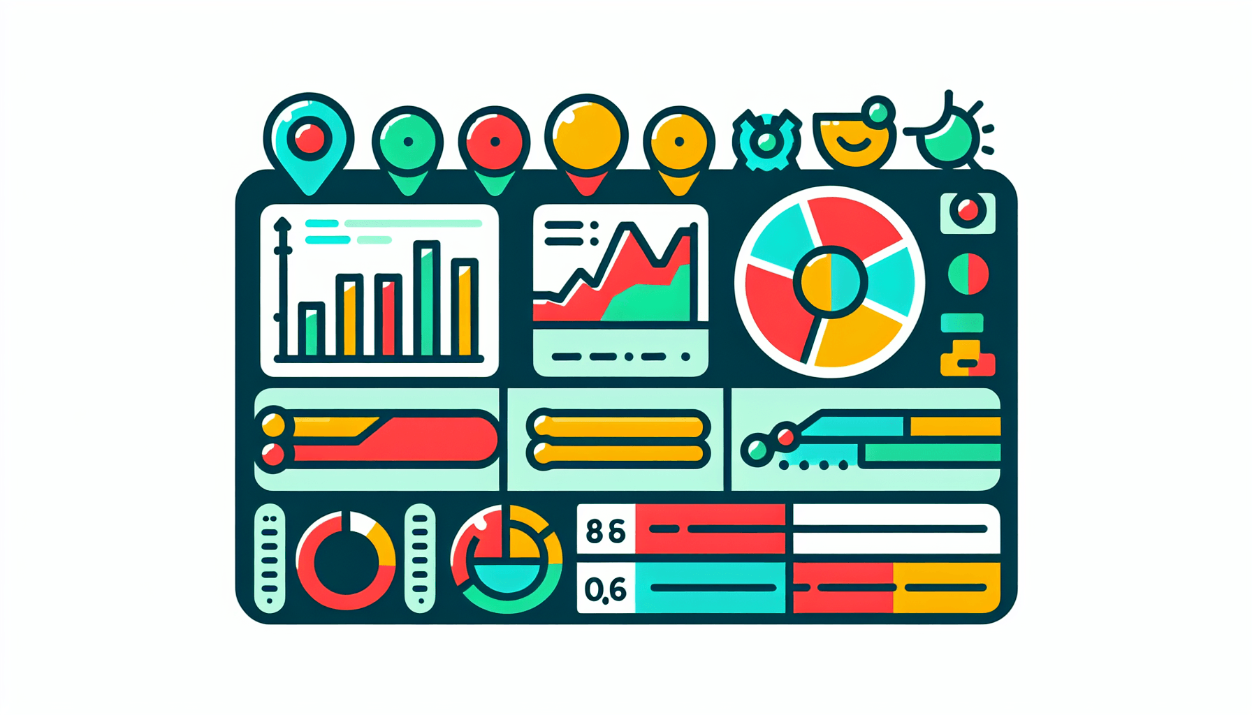 Dashboard in flat illustration style and white background, red #f47574, green #88c7a8, yellow #fcc44b, and blue #645bc8 colors.