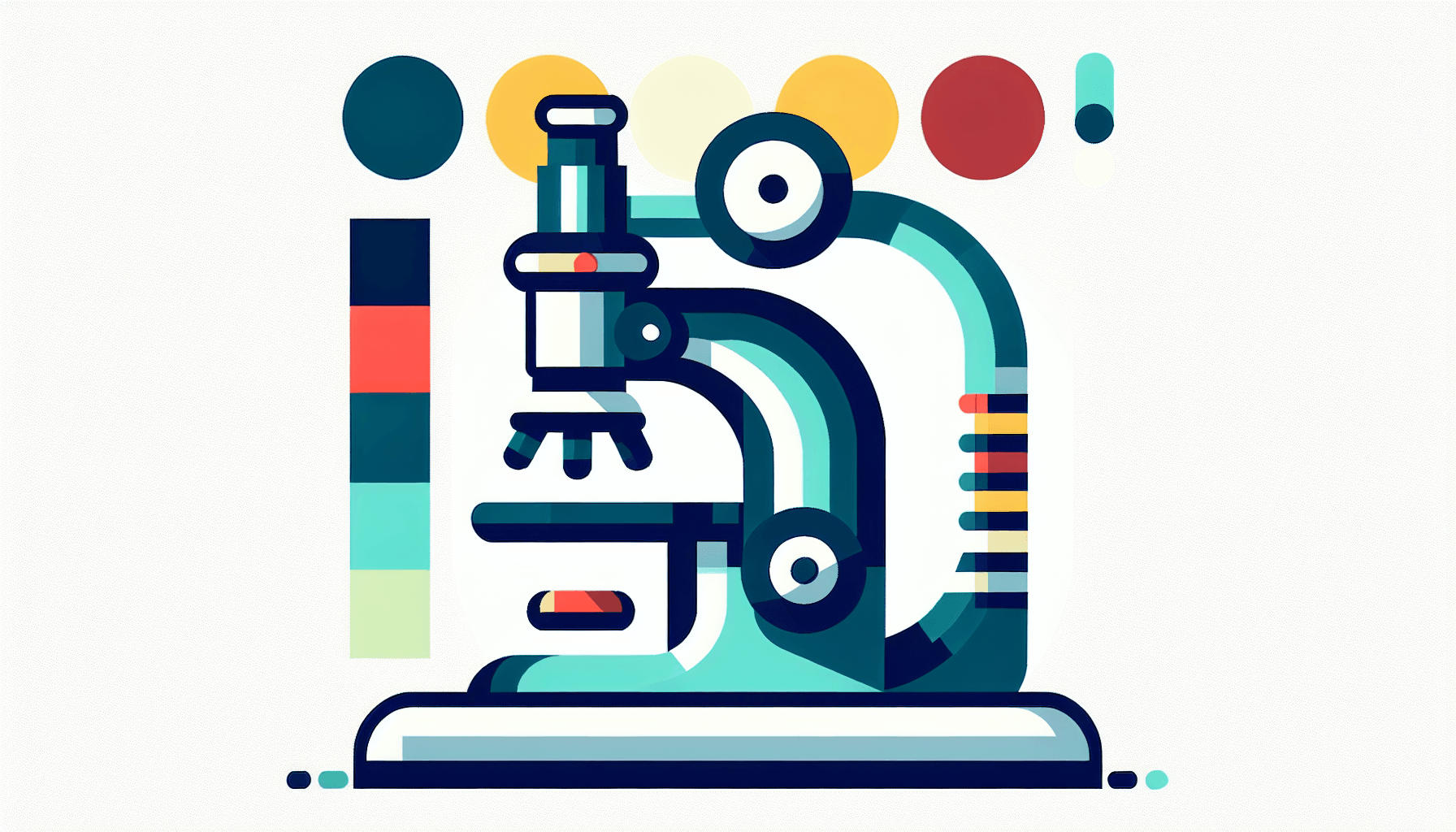Microscope in flat illustration style and white background, red #f47574, green #88c7a8, yellow #fcc44b, and blue #645bc8 colors.