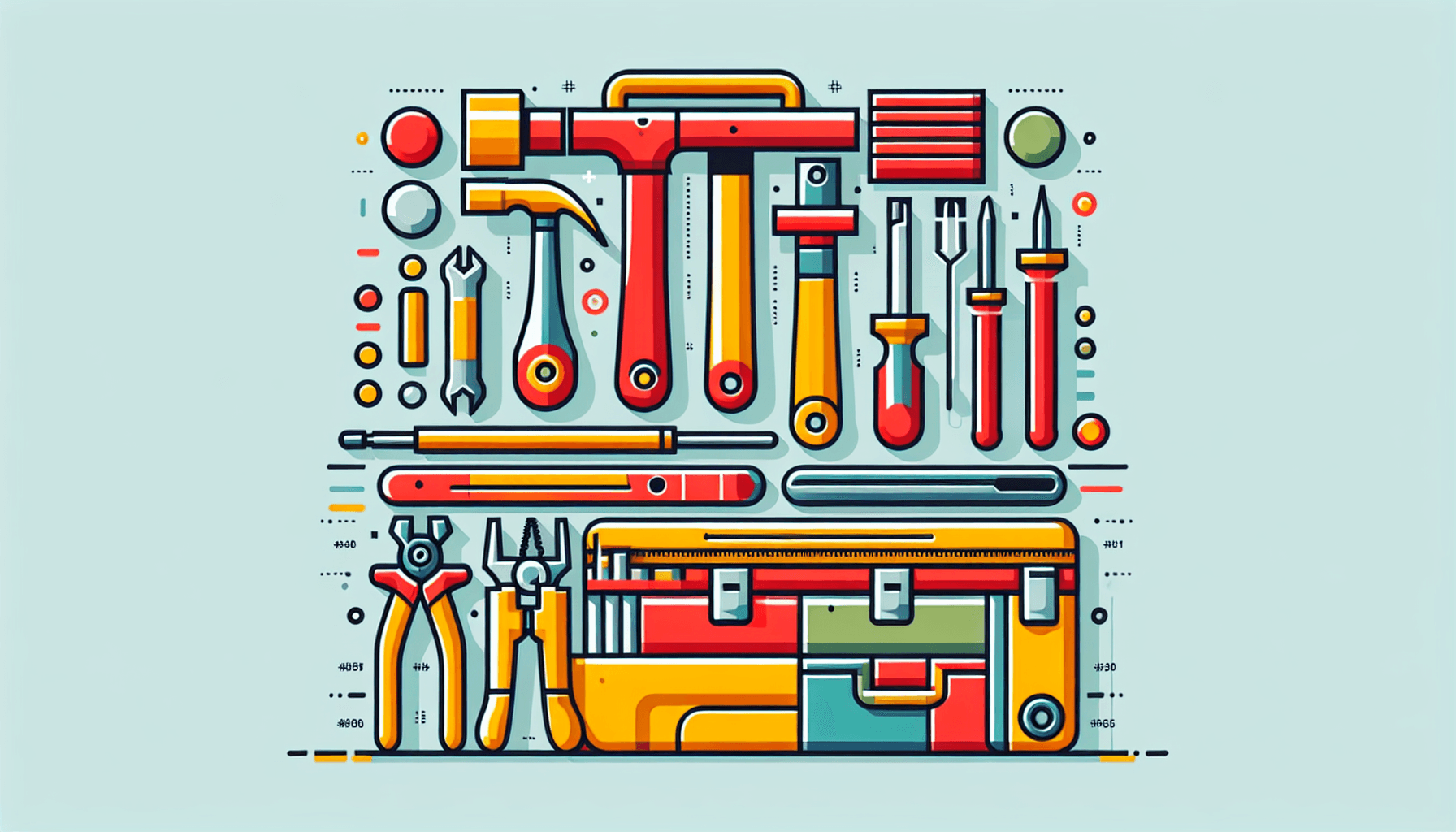 Toolkit in flat illustration style and white background, red #f47574, green #88c7a8, yellow #fcc44b, and blue #645bc8 colors.