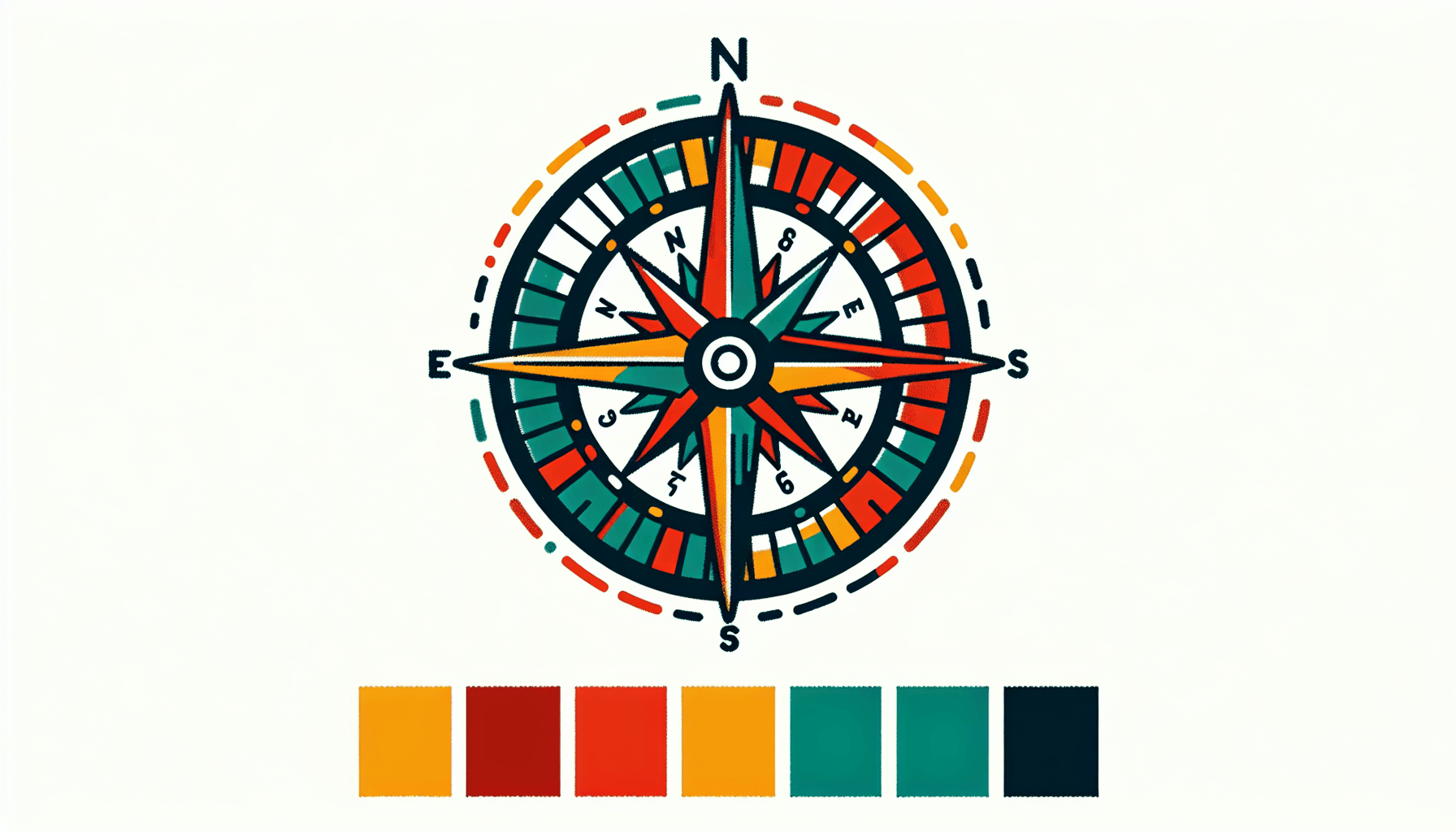Compass in flat illustration style and white background, red #f47574, green #88c7a8, yellow #fcc44b, and blue #645bc8 colors.