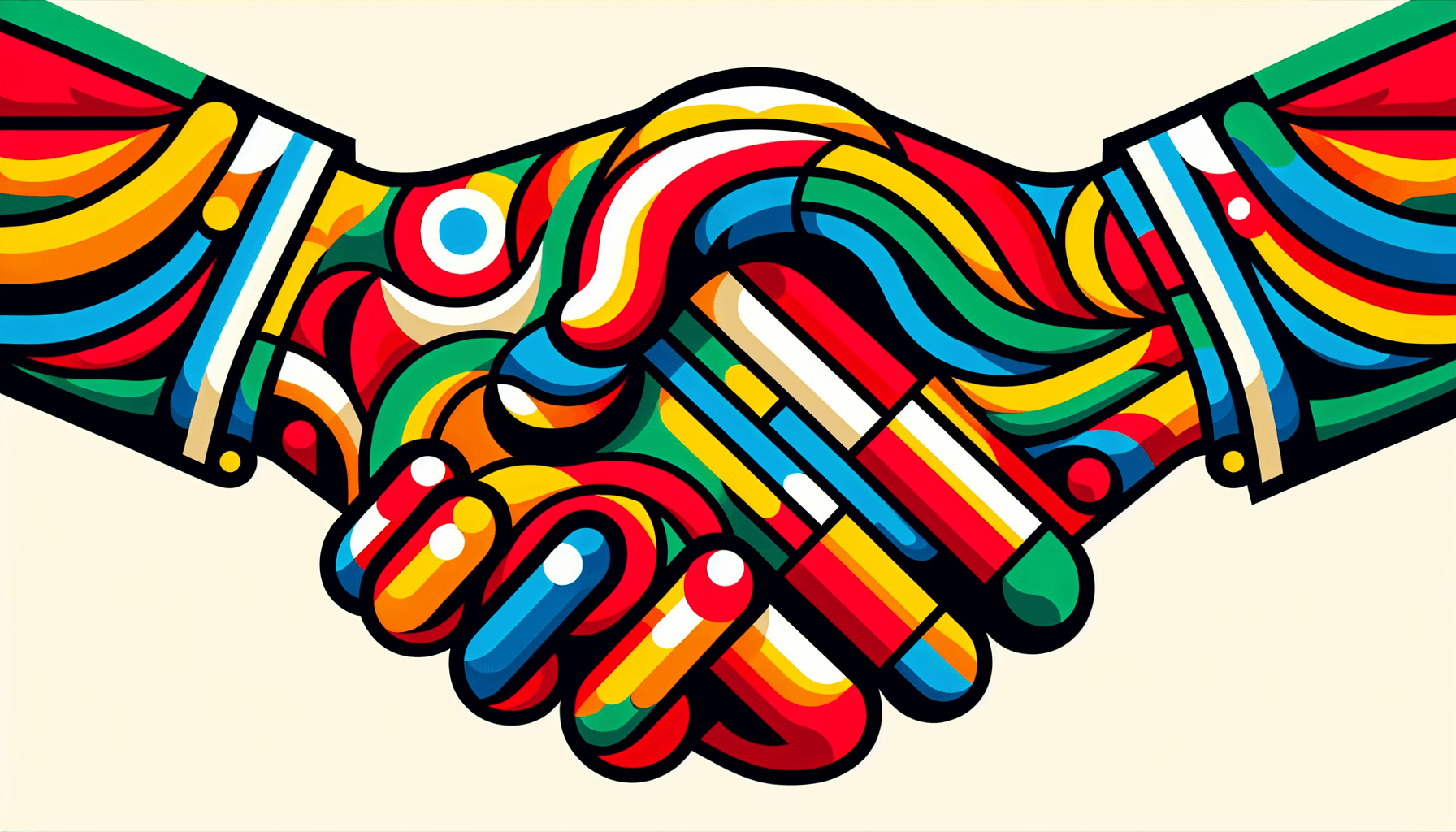 Handshake in flat illustration style and white background, red #f47574, green #88c7a8, yellow #fcc44b, and blue #645bc8 colors.