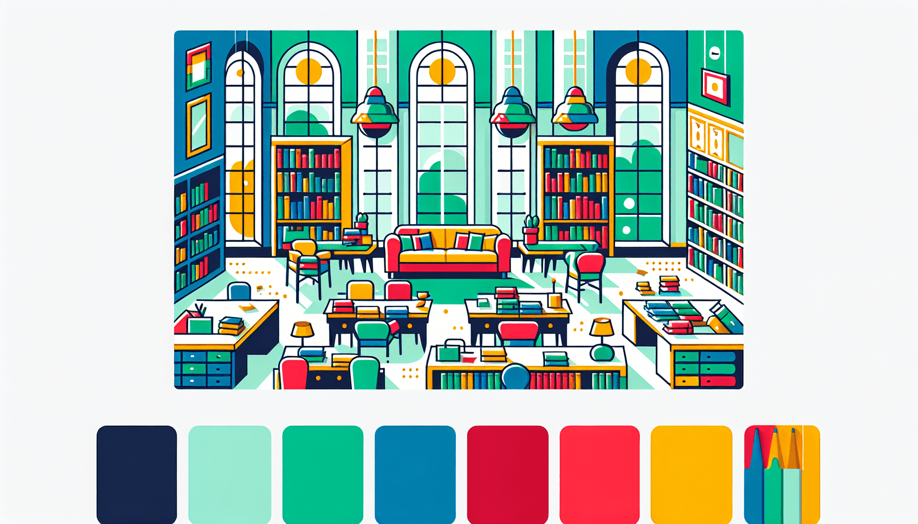 Library in flat illustration style and white background, red #f47574, green #88c7a8, yellow #fcc44b, and blue #645bc8 colors.