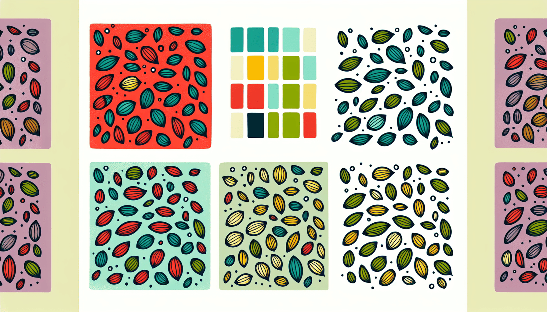 Seeds in flat illustration style and white background, red #f47574, green #88c7a8, yellow #fcc44b, and blue #645bc8 colors.