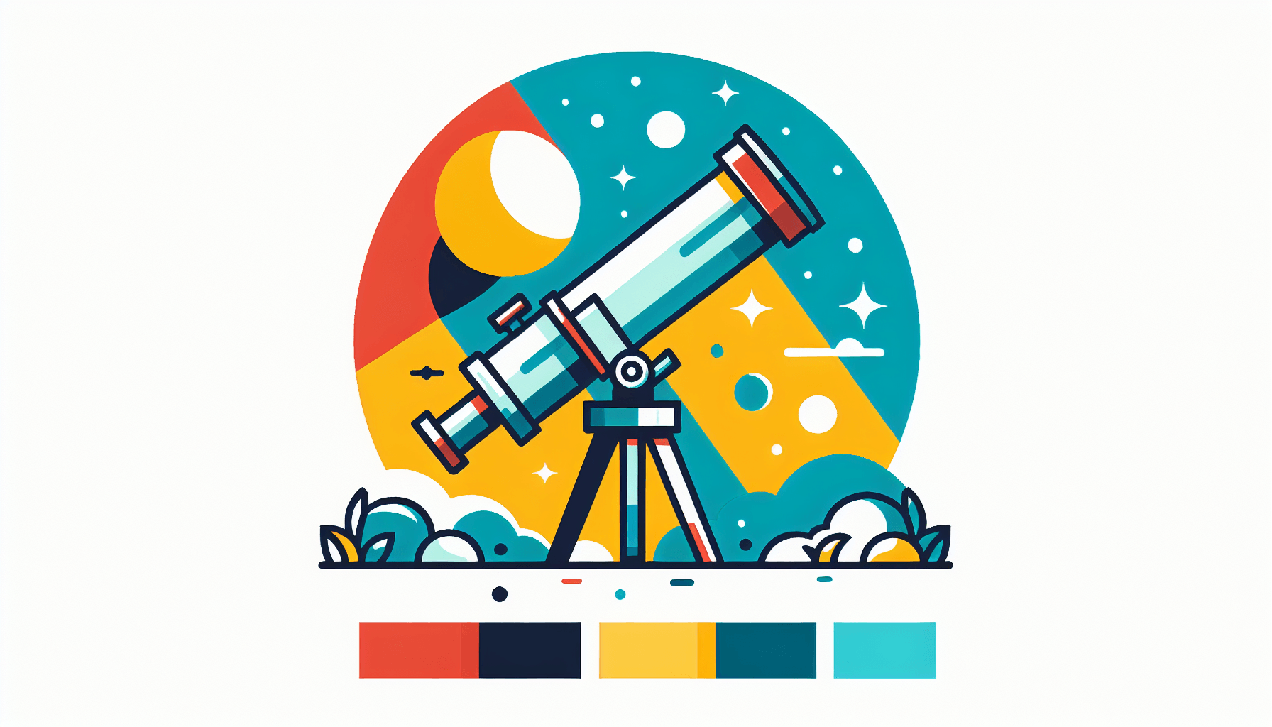 Telescope in flat illustration style and white background, red #f47574, green #88c7a8, yellow #fcc44b, and blue #645bc8 colors.