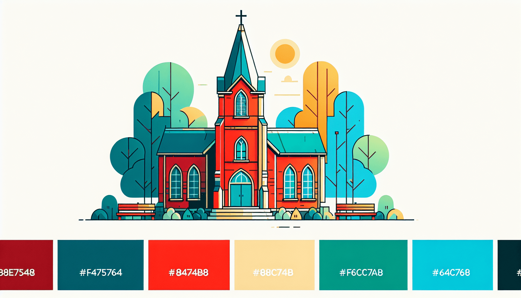 Church in flat illustration style and white background, red #f47574, green #88c7a8, yellow #fcc44b, and blue #645bc8 colors.