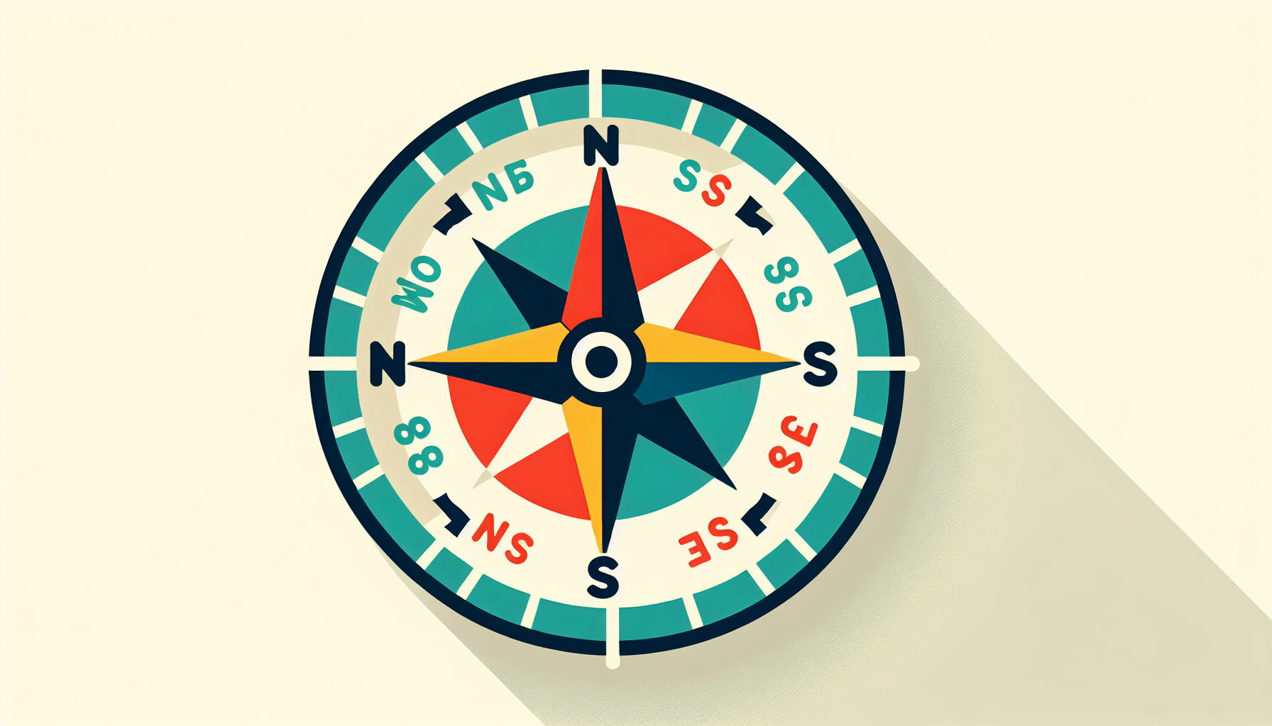 Compass in flat illustration style and white background, red #f47574, green #88c7a8, yellow #fcc44b, and blue #645bc8 colors.