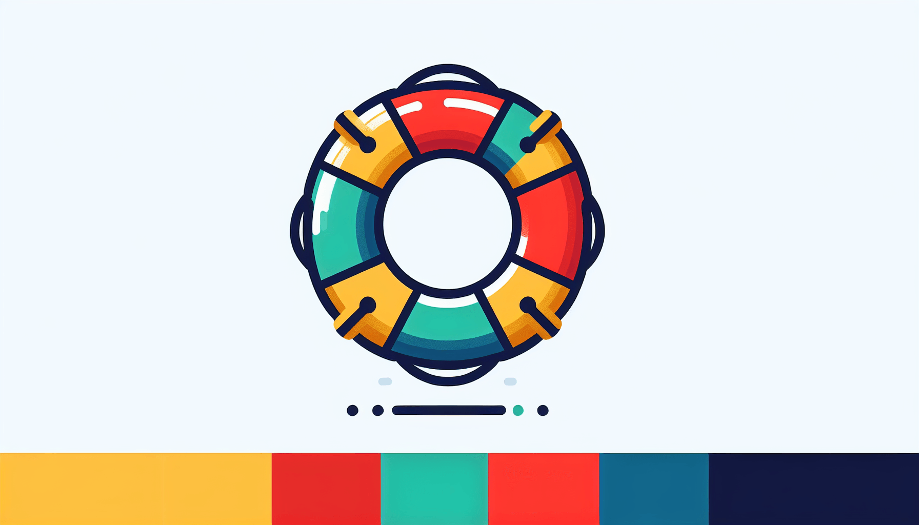 Lifebuoy in flat illustration style and white background, red #f47574, green #88c7a8, yellow #fcc44b, and blue #645bc8 colors.