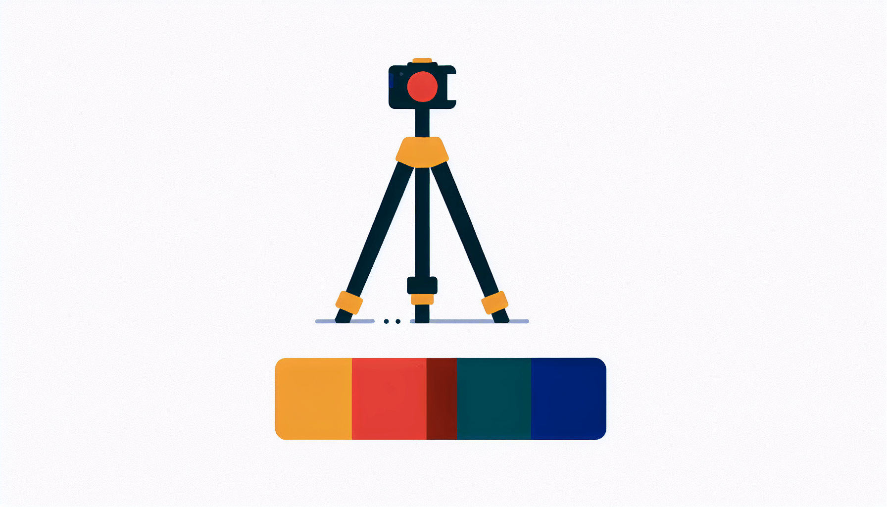 Tripod in flat illustration style and white background, red #f47574, green #88c7a8, yellow #fcc44b, and blue #645bc8 colors.