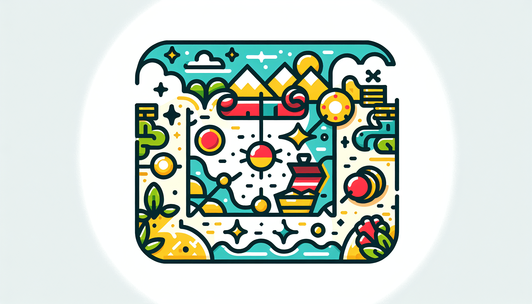Treasure map in flat illustration style and white background, red #f47574, green #88c7a8, yellow #fcc44b, and blue #645bc8 colors.