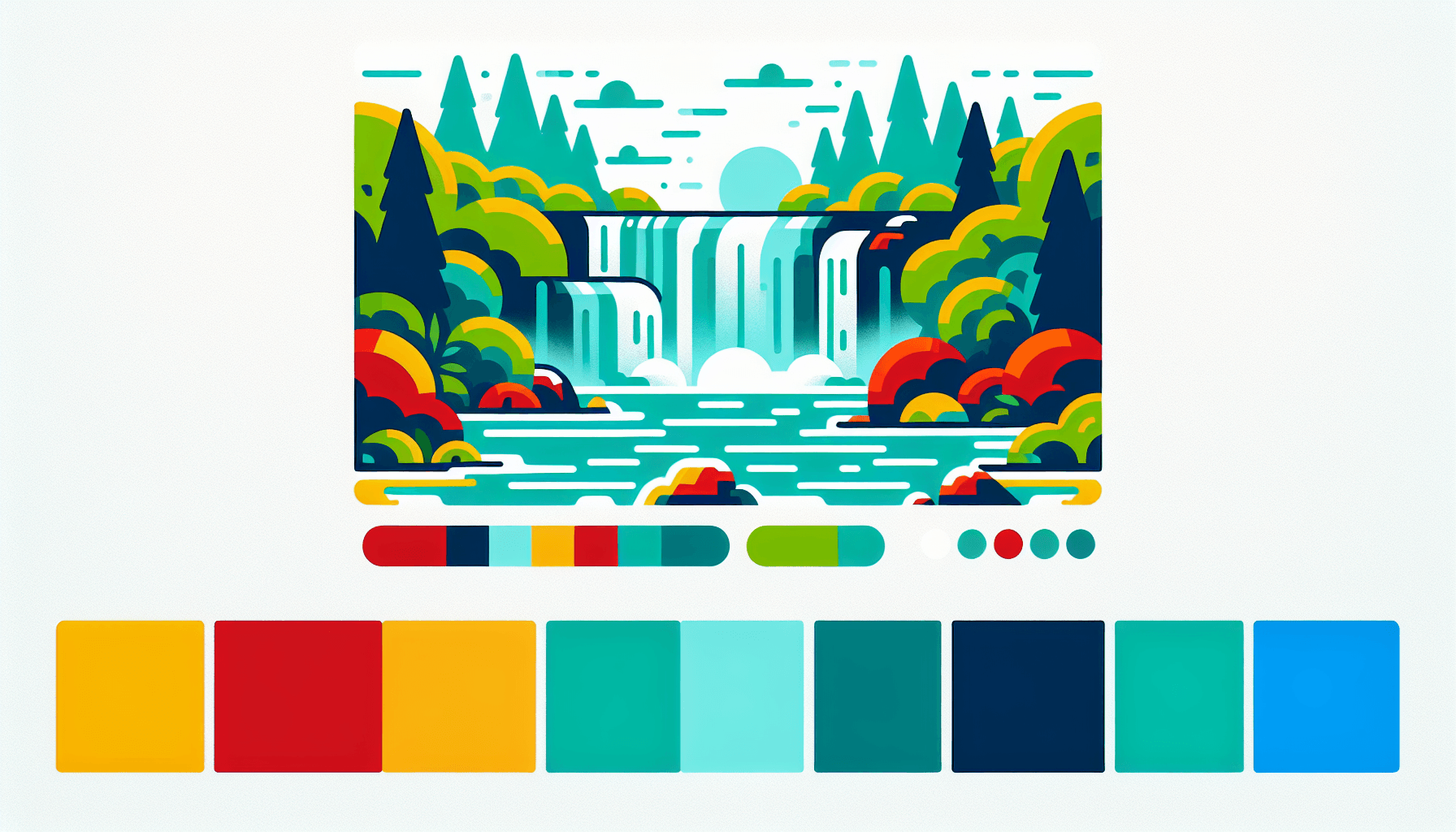 Waterfall in flat illustration style and white background, red #f47574, green #88c7a8, yellow #fcc44b, and blue #645bc8 colors.