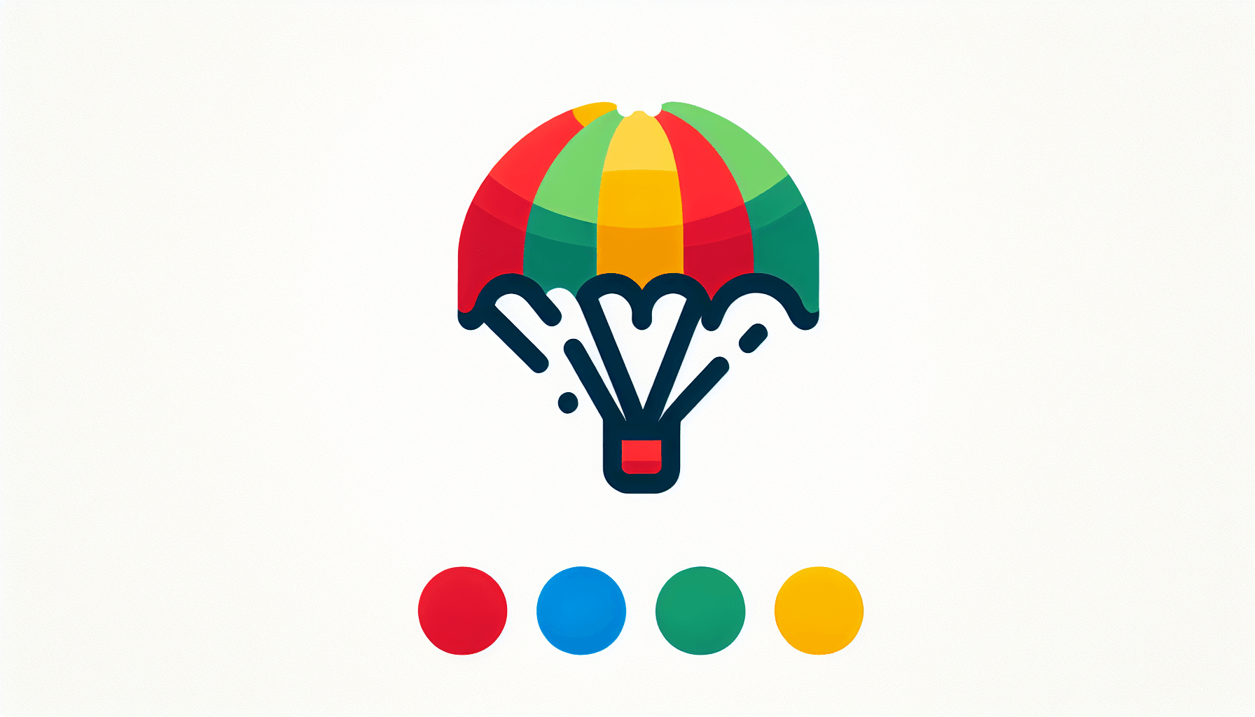 Parachute in flat illustration style and white background, red #f47574, green #88c7a8, yellow #fcc44b, and blue #645bc8 colors.