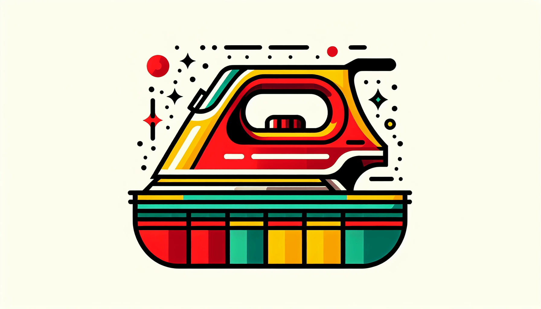 Brand iron in flat illustration style and white background, red #f47574, green #88c7a8, yellow #fcc44b, and blue #645bc8 colors.