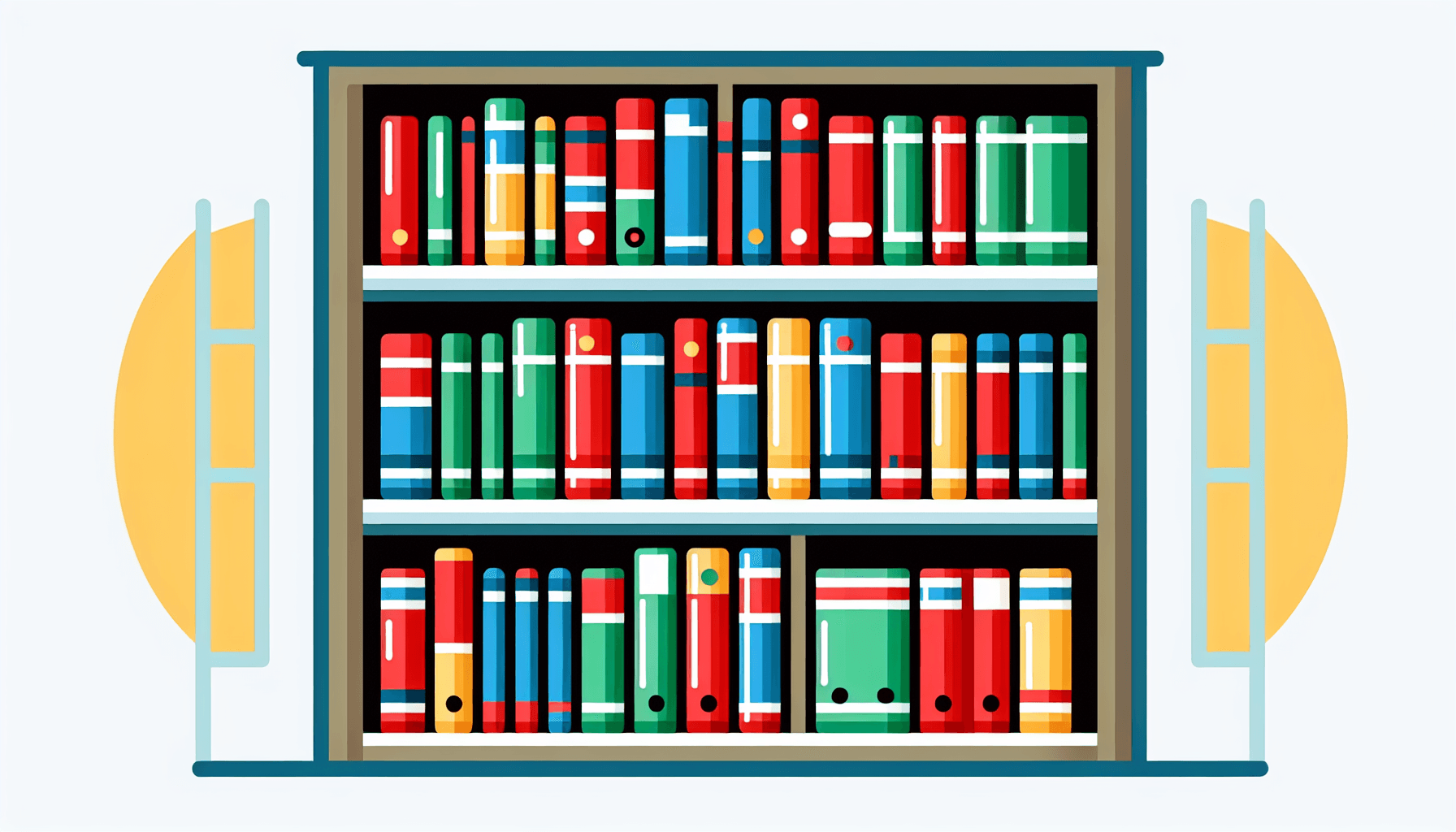 Bookshelf in flat illustration style and white background, red #f47574, green #88c7a8, yellow #fcc44b, and blue #645bc8 colors.