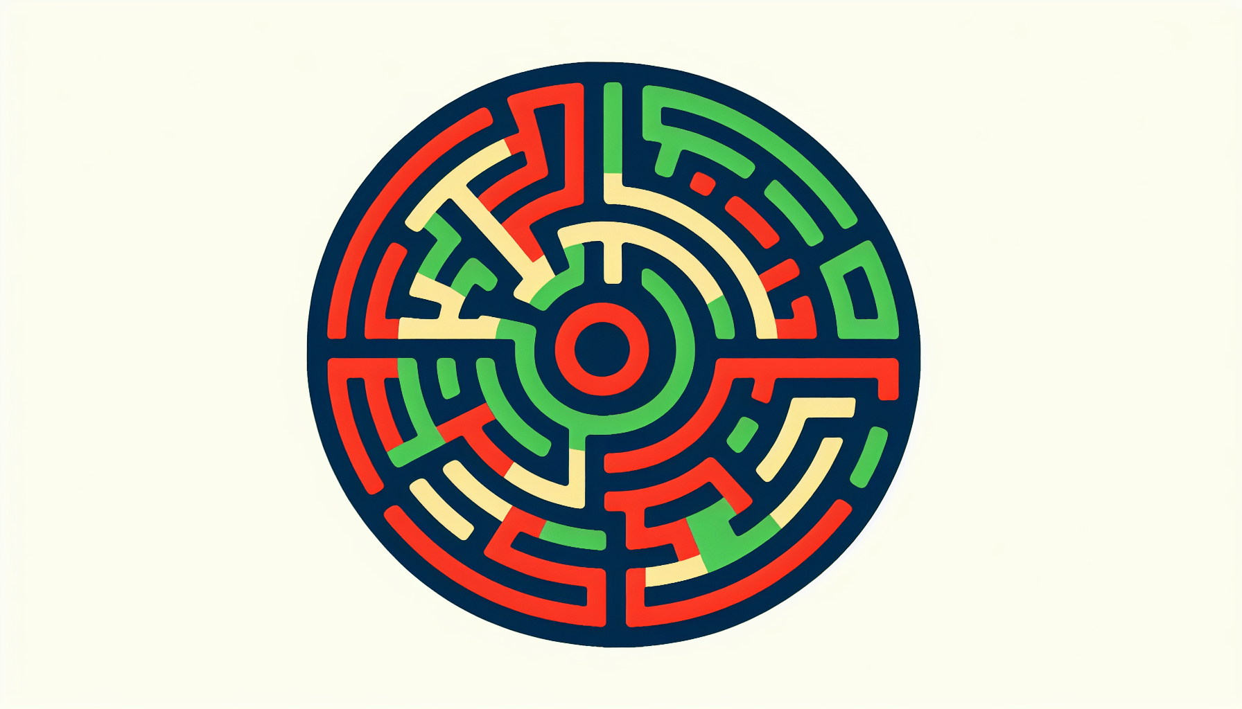 Labyrinth in flat illustration style and white background, red #f47574, green #88c7a8, yellow #fcc44b, and blue #645bc8 colors.