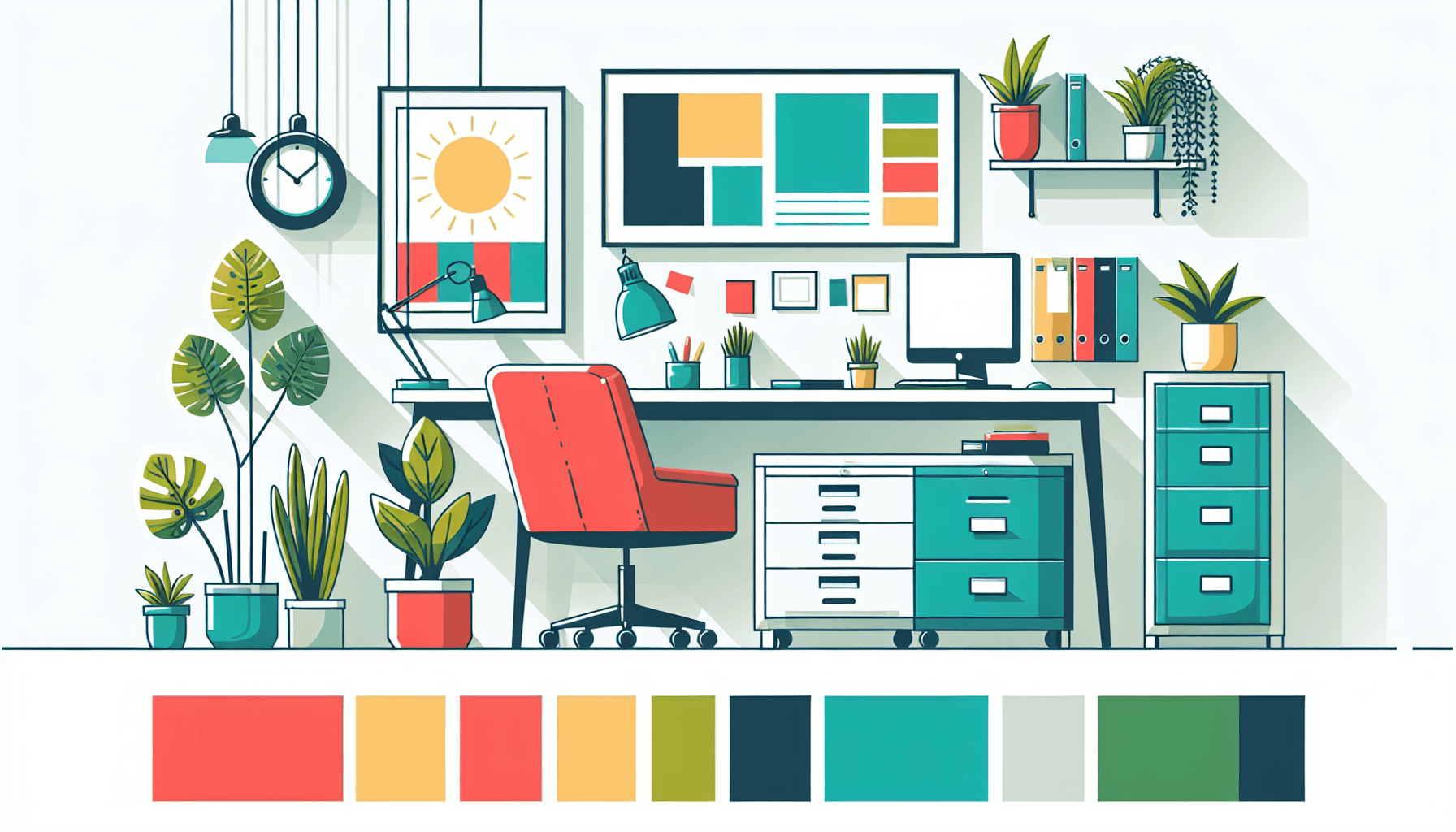 Office in flat illustration style and white background, red #f47574, green #88c7a8, yellow #fcc44b, and blue #645bc8 colors.