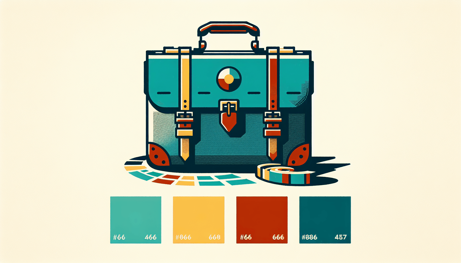 Briefcase in flat illustration style and white background, red #f47574, green #88c7a8, yellow #fcc44b, and blue #645bc8 colors.
