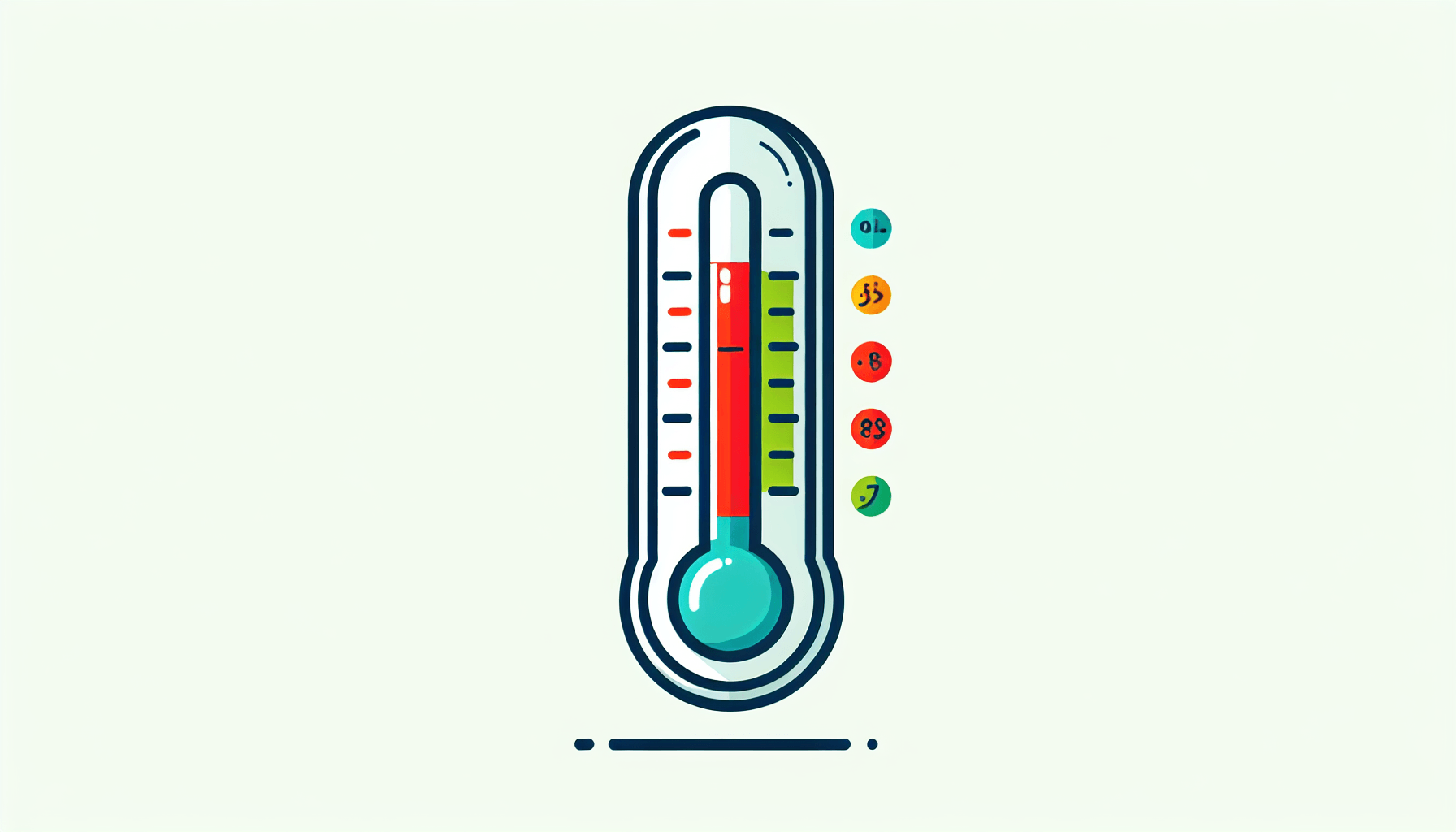 Thermometer in flat illustration style and white background, red #f47574, green #88c7a8, yellow #fcc44b, and blue #645bc8 colors.