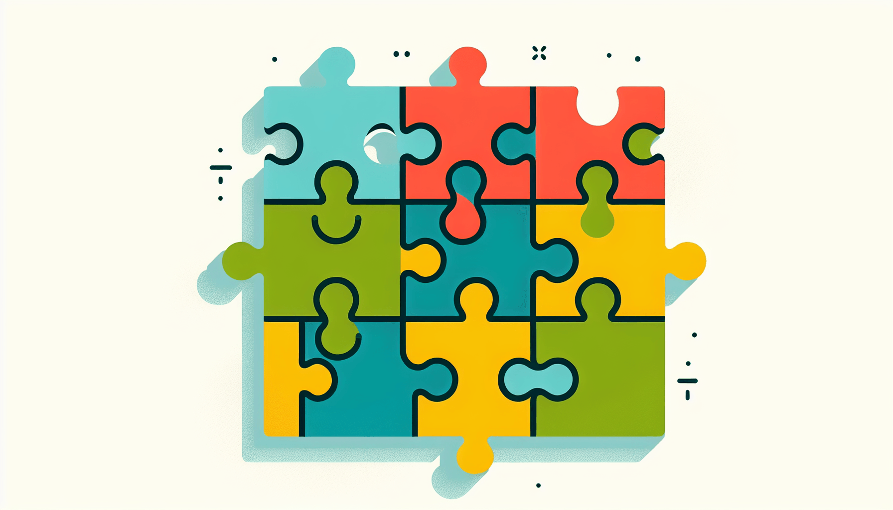 Puzzle in flat illustration style and white background, red #f47574, green #88c7a8, yellow #fcc44b, and blue #645bc8 colors.