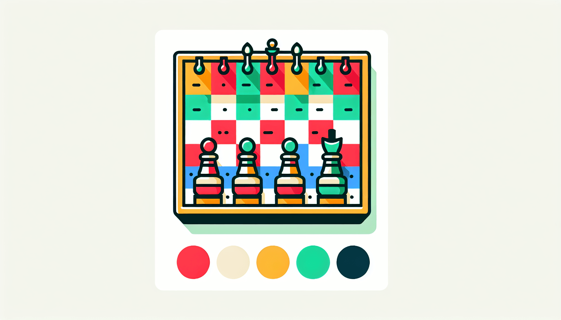 Chessboard in flat illustration style and white background, red #f47574, green #88c7a8, yellow #fcc44b, and blue #645bc8 colors.