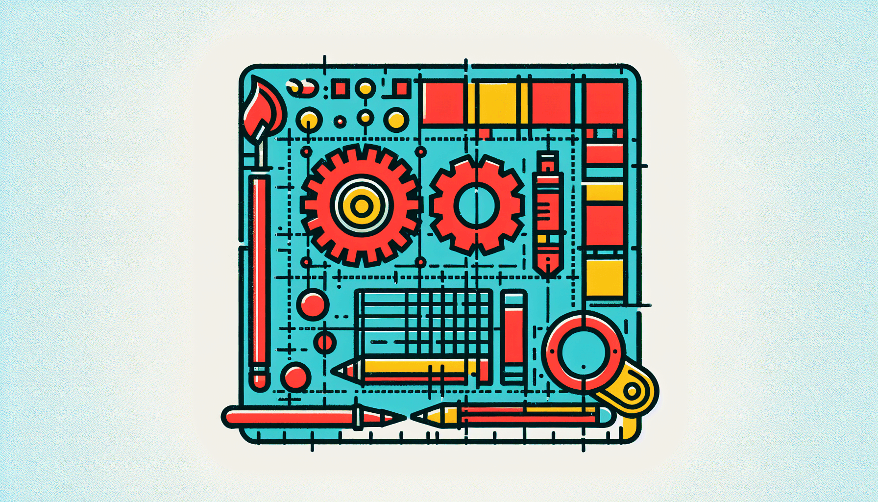 Blueprint in flat illustration style and white background, red #f47574, green #88c7a8, yellow #fcc44b, and blue #645bc8 colors.