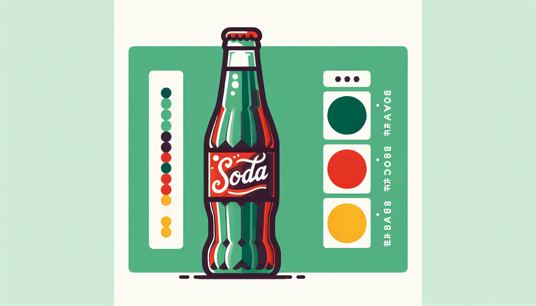 Soda bottle in flat illustration style and white background, red #f47574, green #88c7a8, yellow #fcc44b, and blue #645bc8 colors.