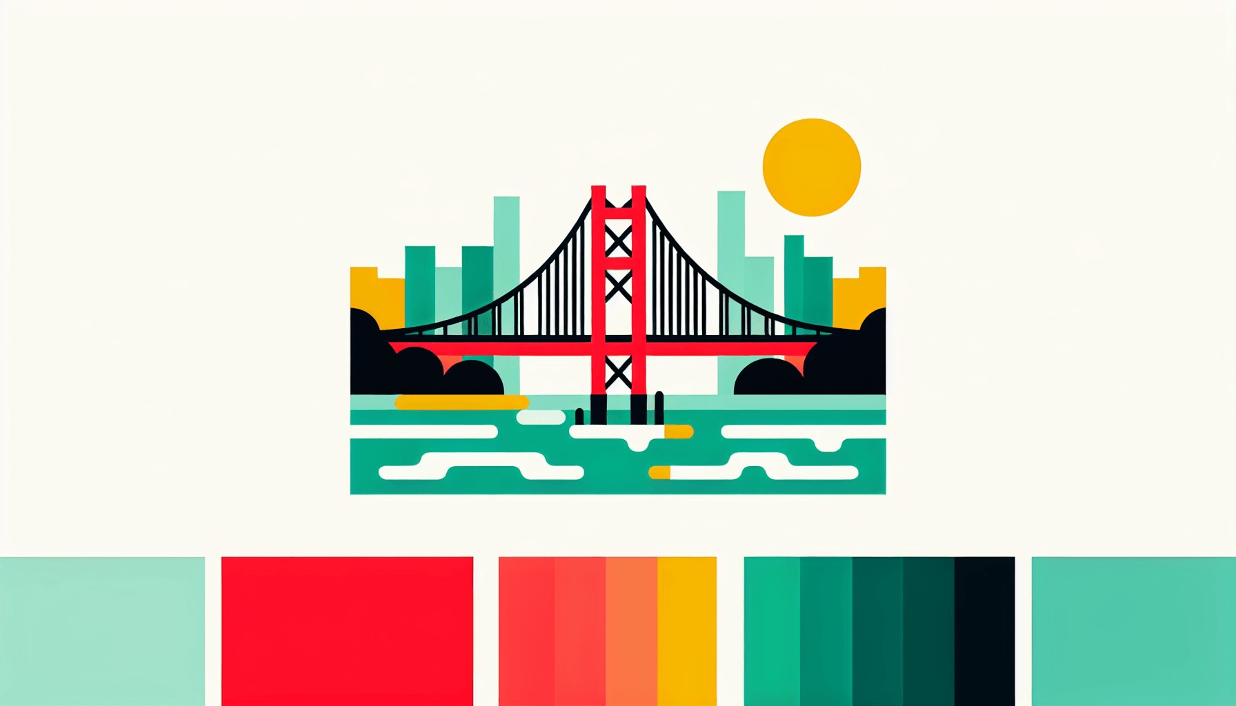 Bridge in flat illustration style and white background, red #f47574, green #88c7a8, yellow #fcc44b, and blue #645bc8 colors.