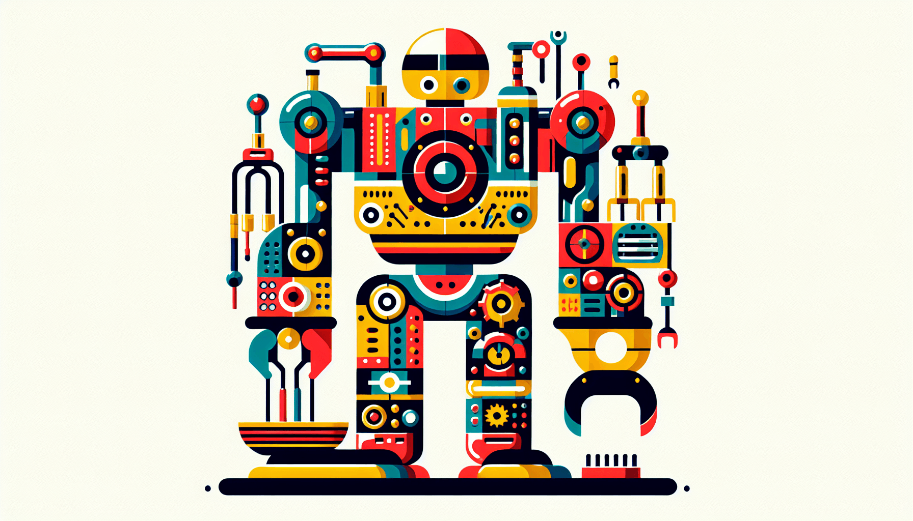 Assembly robot in flat illustration style and white background, red #f47574, green #88c7a8, yellow #fcc44b, and blue #645bc8 colors.