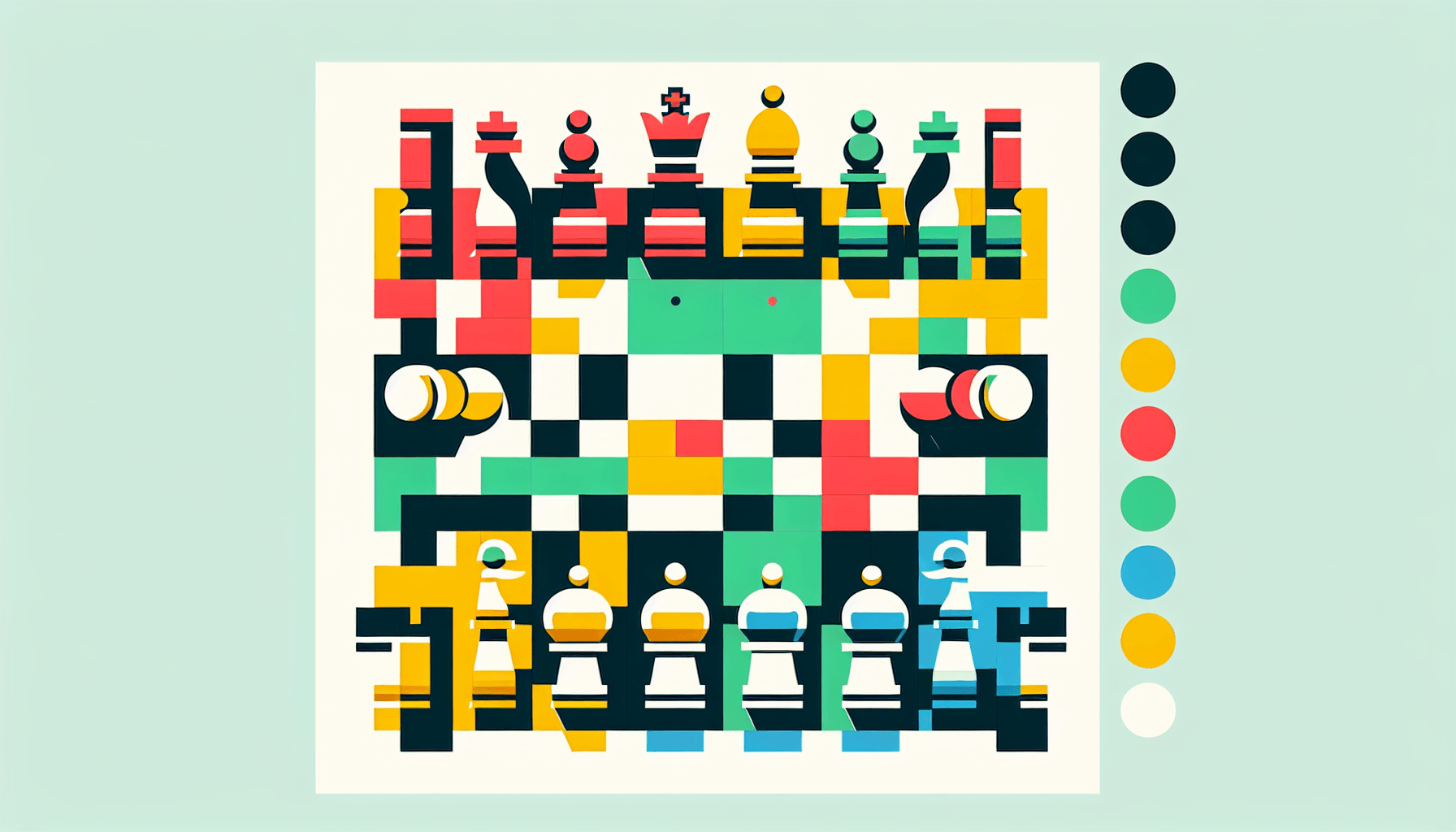 Chessboard in flat illustration style and white background, red #f47574, green #88c7a8, yellow #fcc44b, and blue #645bc8 colors.