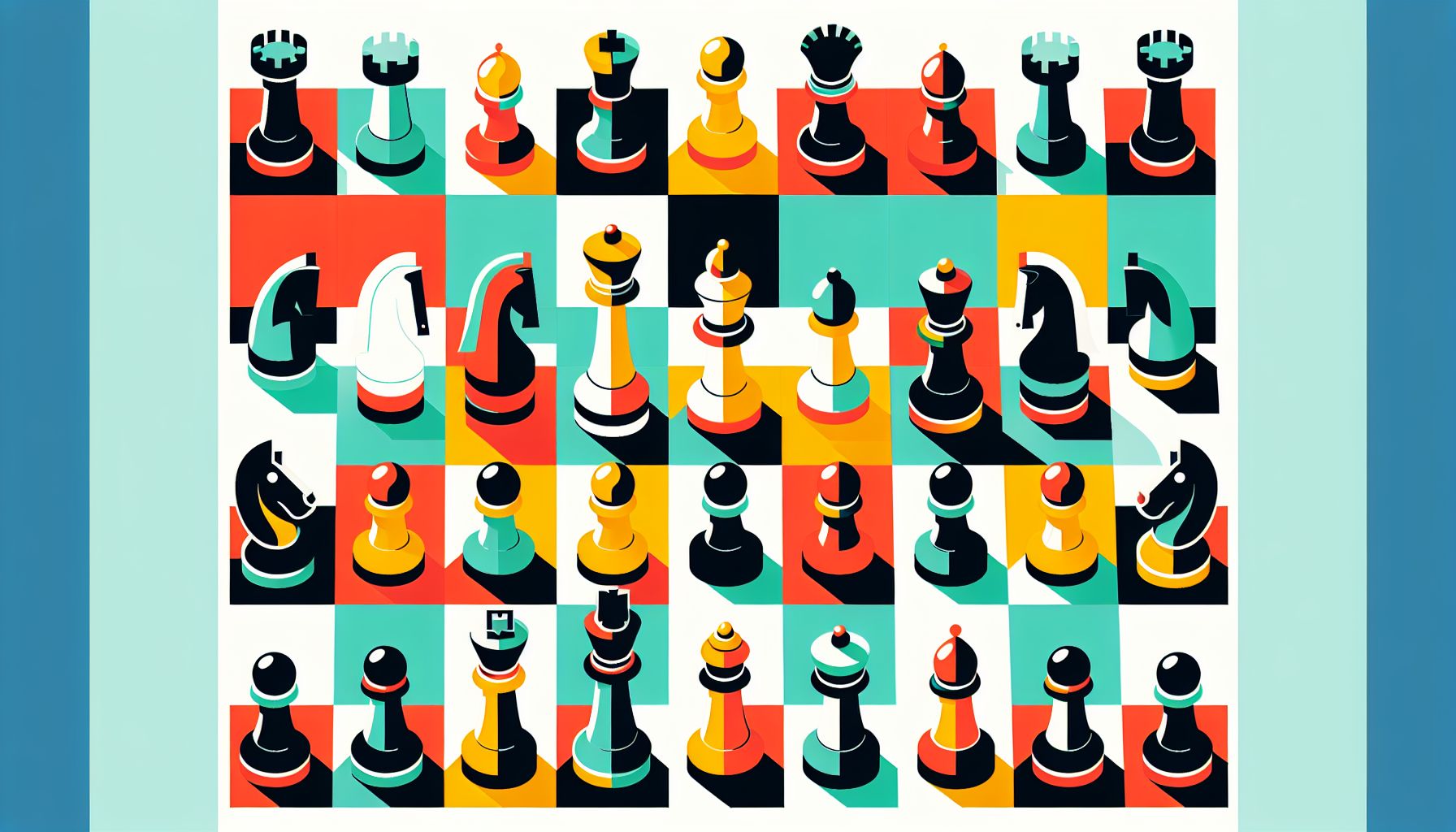 Chessboard in flat illustration style and white background, red #f47574, green #88c7a8, yellow #fcc44b, and blue #645bc8 colors.