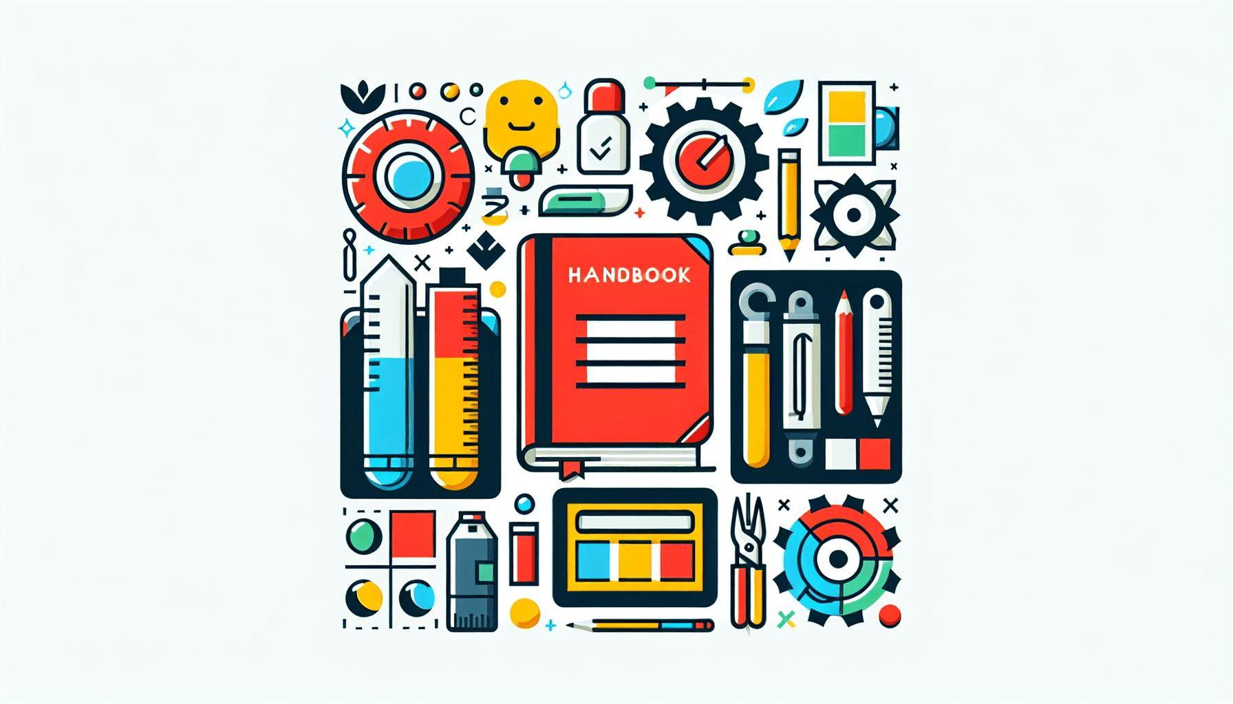 Handbook in flat illustration style and white background, red #f47574, green #88c7a8, yellow #fcc44b, and blue #645bc8 colors.