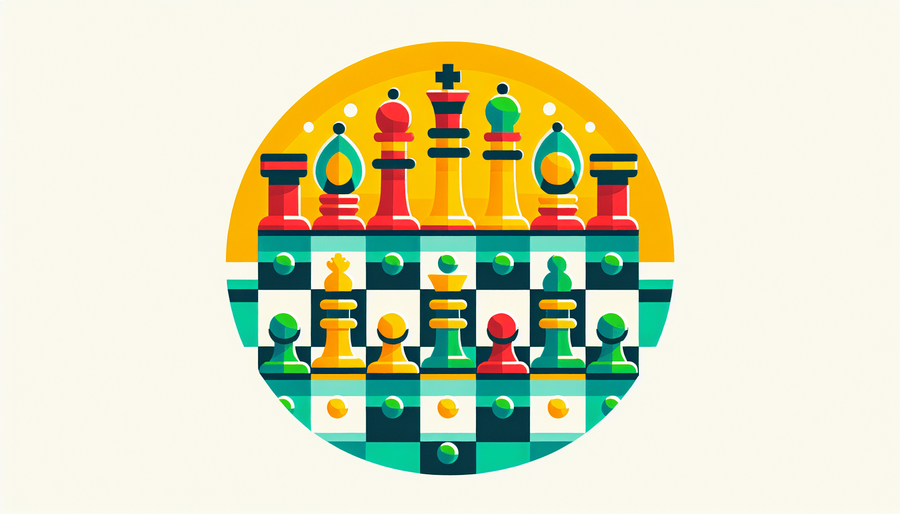 Chessboard in flat illustration style and white background, red #f47574, green #88c7a8, yellow #fcc44b, and blue #645bc8 colors.