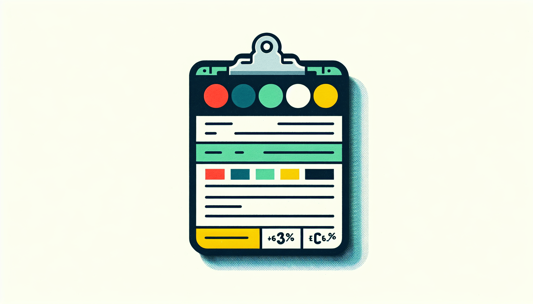 Report card in flat illustration style and white background, red #f47574, green #88c7a8, yellow #fcc44b, and blue #645bc8 colors.