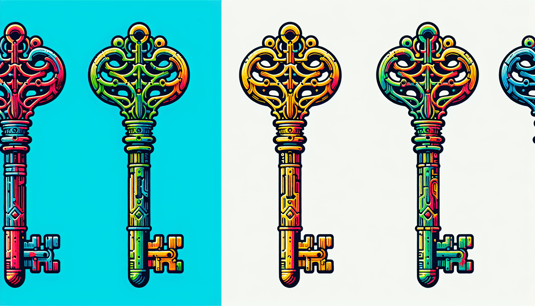 Skeleton key in flat illustration style and white background, red #f47574, green #88c7a8, yellow #fcc44b, and blue #645bc8 colors.