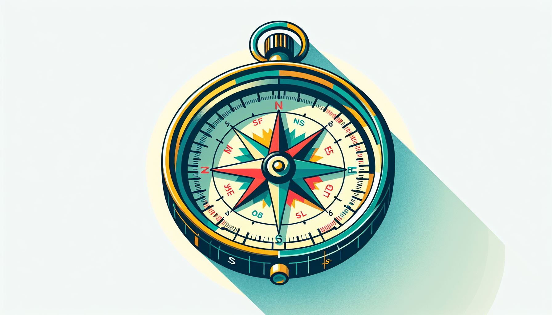 Compass in flat illustration style and white background, red #f47574, green #88c7a8, yellow #fcc44b, and blue #645bc8 colors.