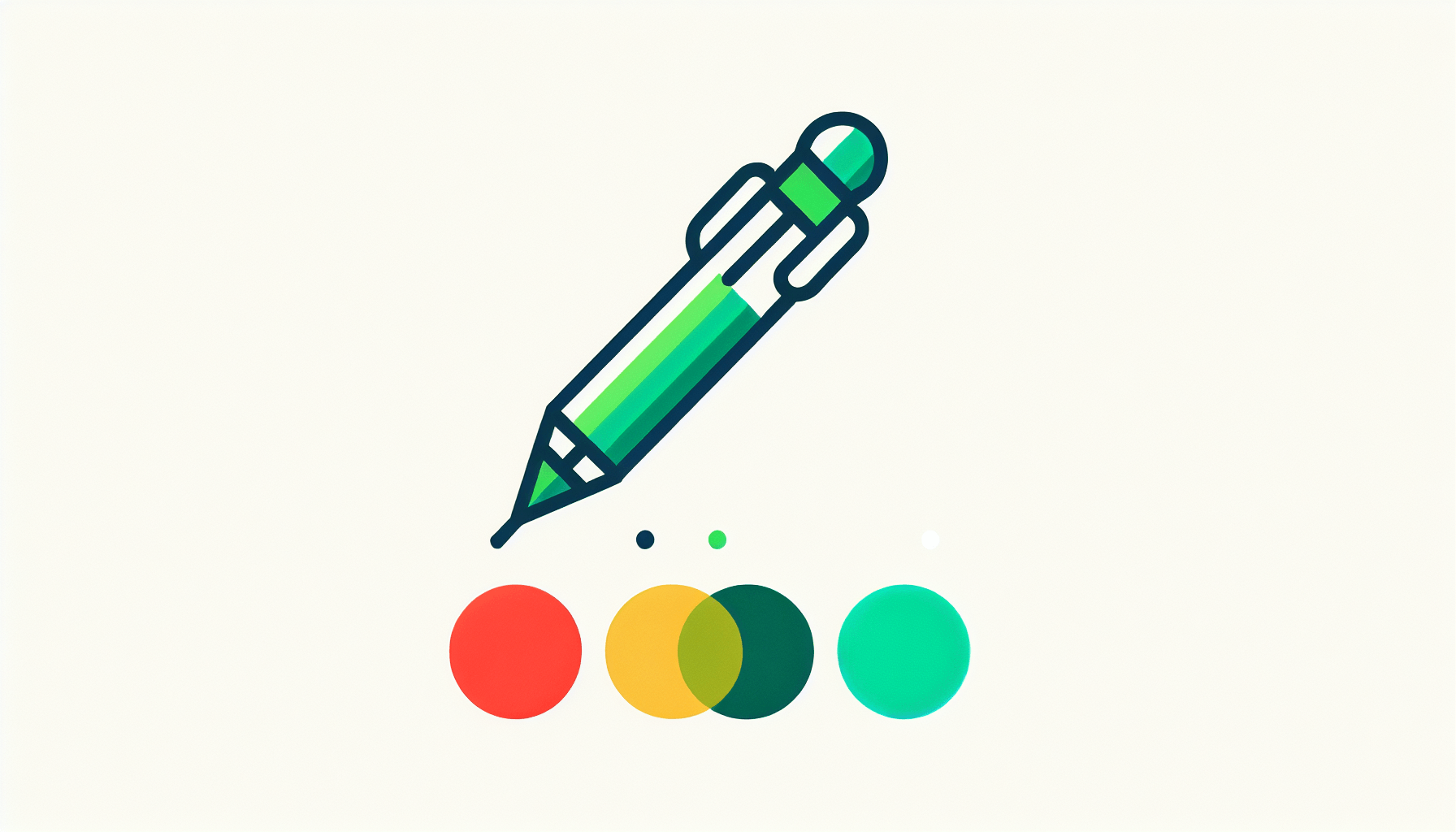 Pen in flat illustration style and white background, red #f47574, green #88c7a8, yellow #fcc44b, and blue #645bc8 colors.