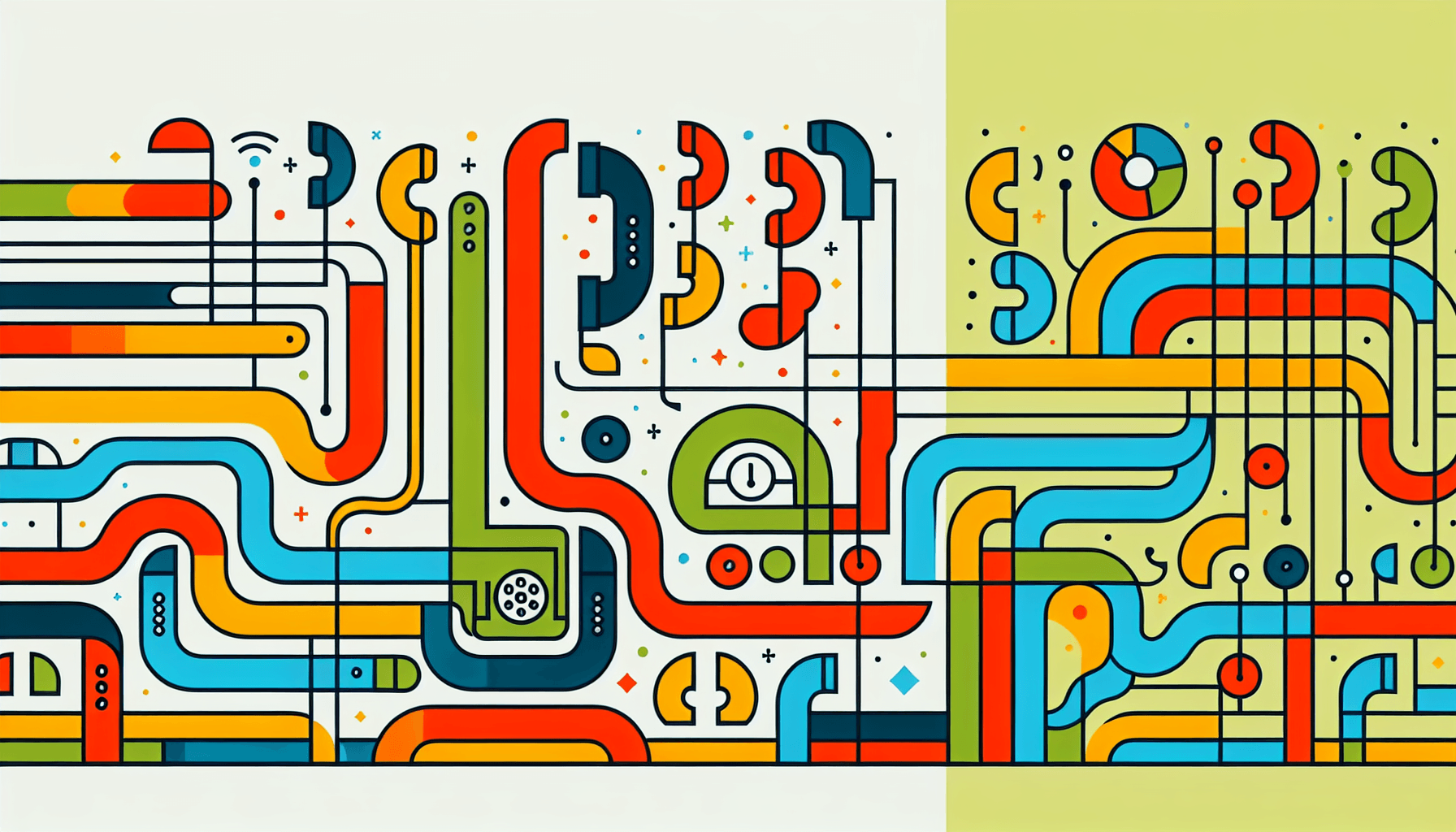 Phone lines in flat illustration style and white background, red #f47574, green #88c7a8, yellow #fcc44b, and blue #645bc8 colors.