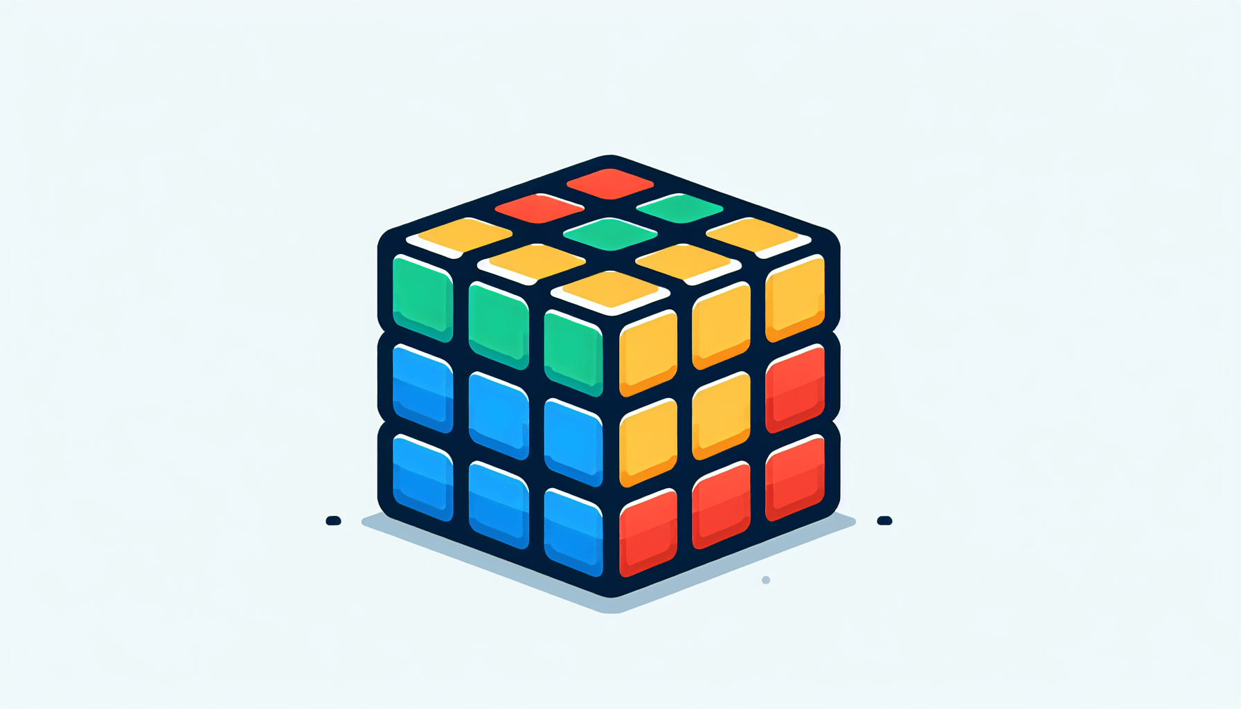 Rubik's cube in flat illustration style and white background, red #f47574, green #88c7a8, yellow #fcc44b, and blue #645bc8 colors.