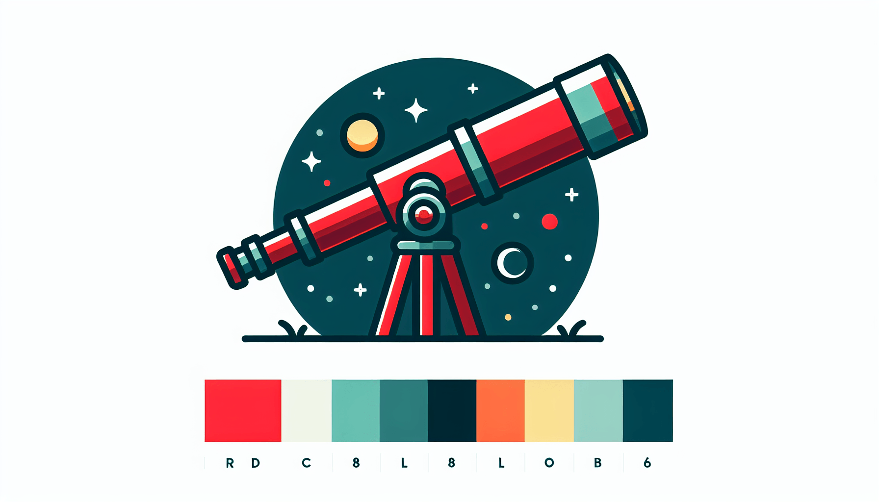 Telescope in flat illustration style and white background, red #f47574, green #88c7a8, yellow #fcc44b, and blue #645bc8 colors.