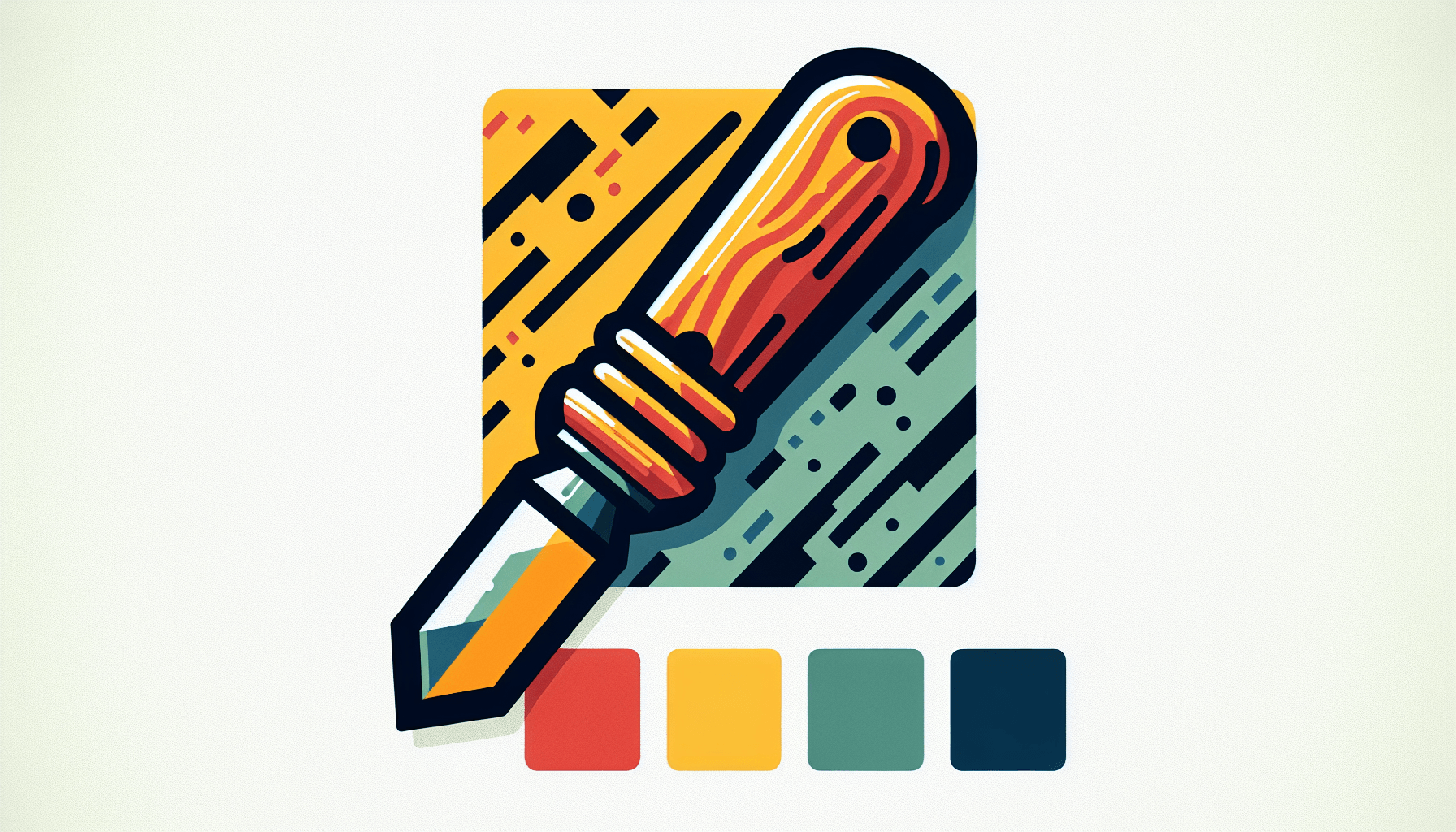 Chisel in flat illustration style and white background, red #f47574, green #88c7a8, yellow #fcc44b, and blue #645bc8 colors.
