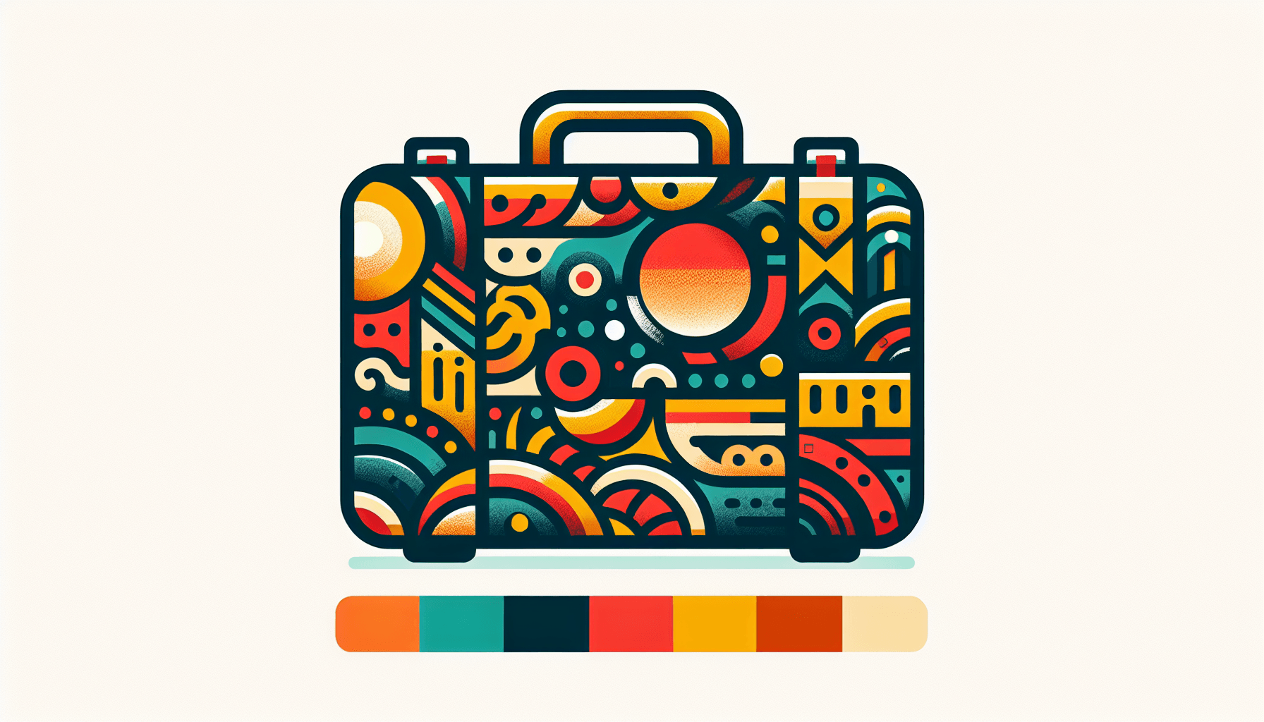 Briefcase in flat illustration style and white background, red #f47574, green #88c7a8, yellow #fcc44b, and blue #645bc8 colors.