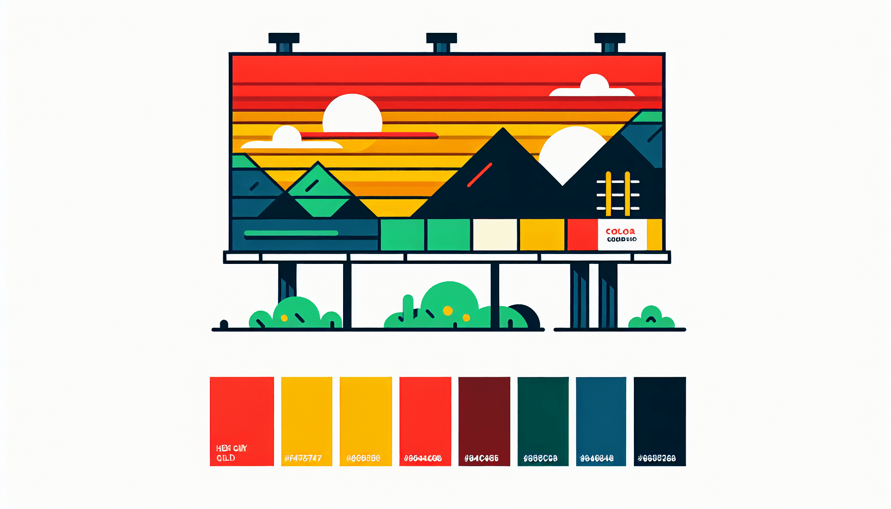 Billboard in flat illustration style and white background, red #f47574, green #88c7a8, yellow #fcc44b, and blue #645bc8 colors.