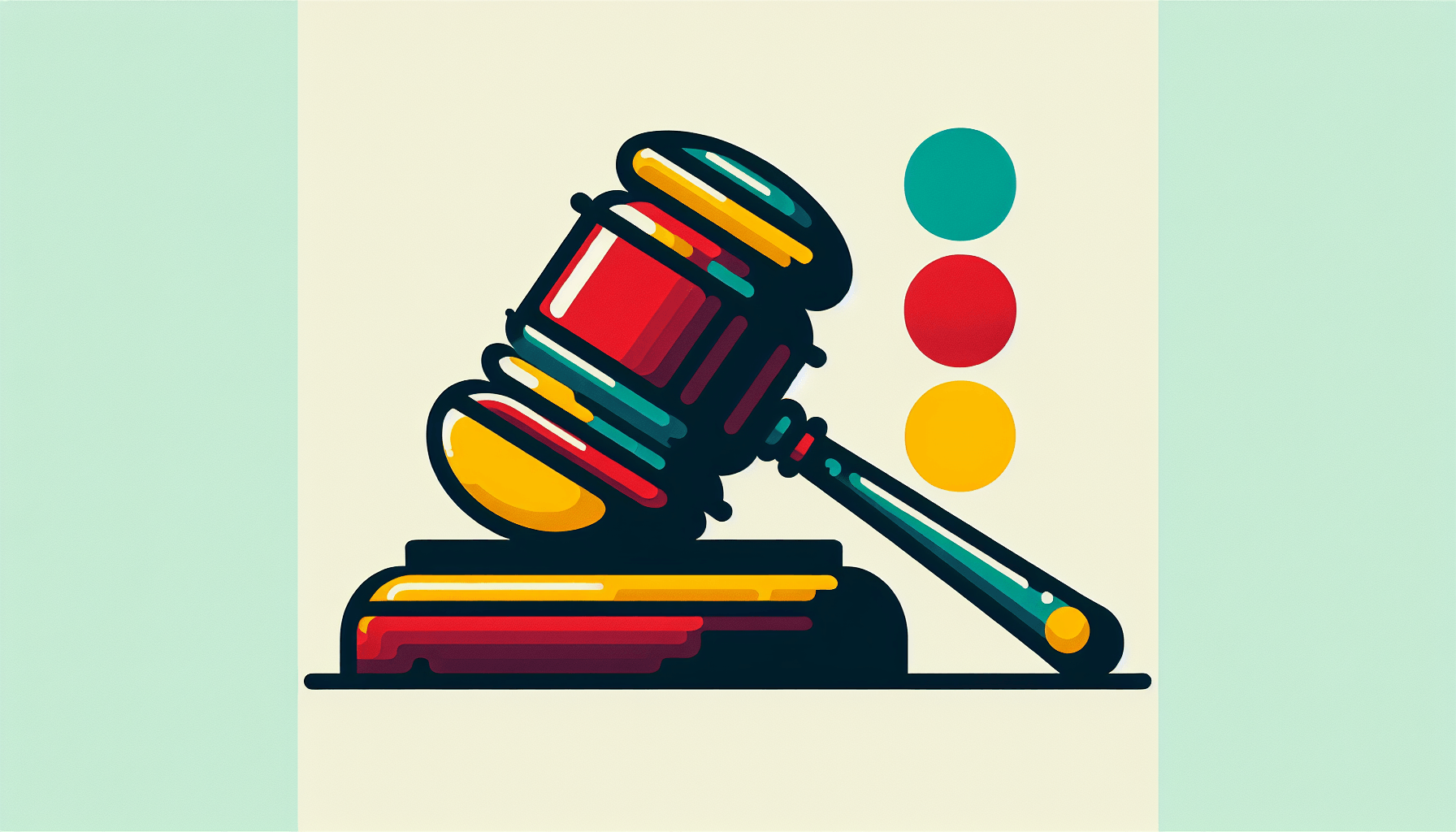 Gavel in flat illustration style and white background, red #f47574, green #88c7a8, yellow #fcc44b, and blue #645bc8 colors.