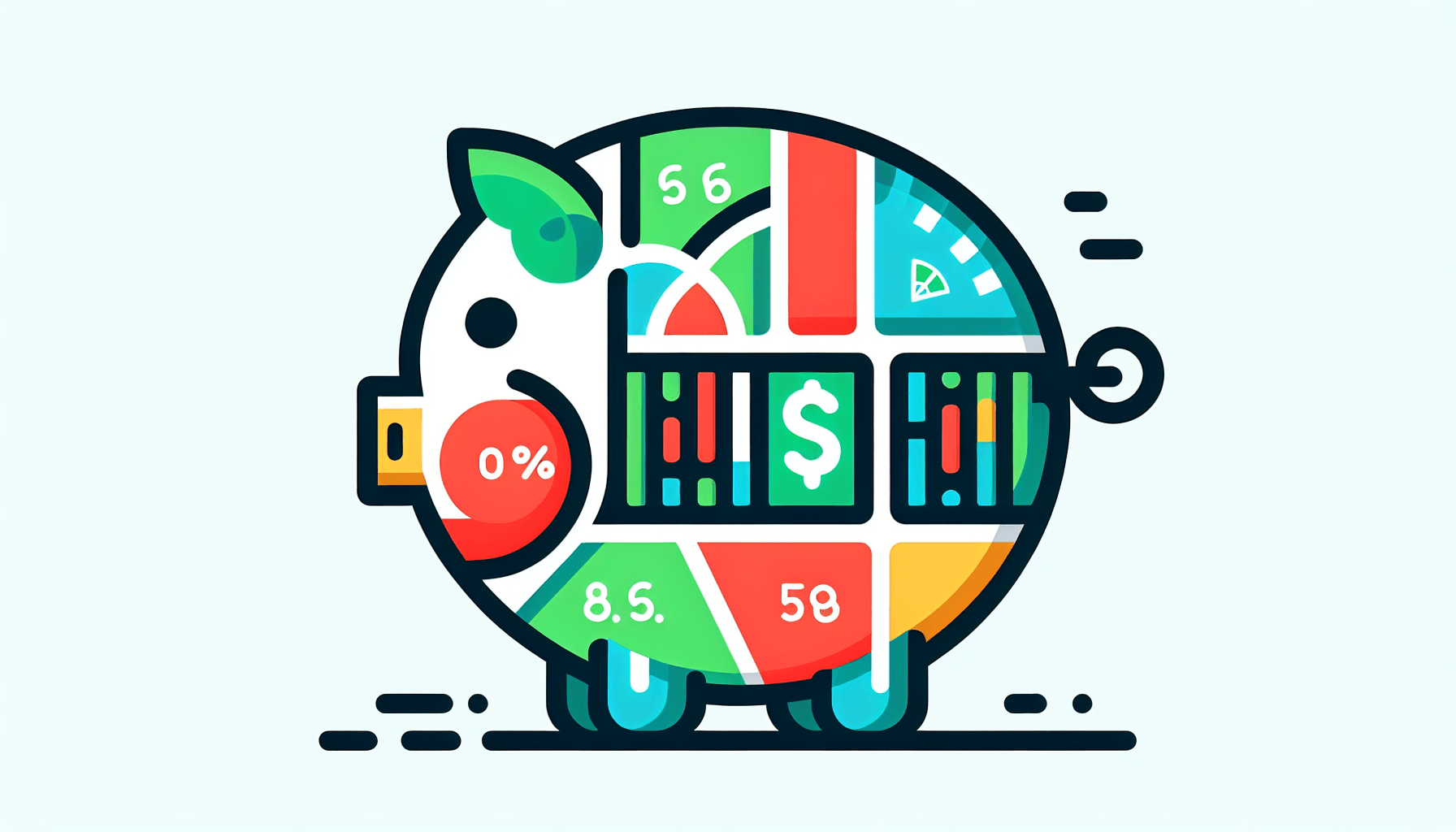 Piggy bank in flat illustration style and white background, red #f47574, green #88c7a8, yellow #fcc44b, and blue #645bc8 colors.