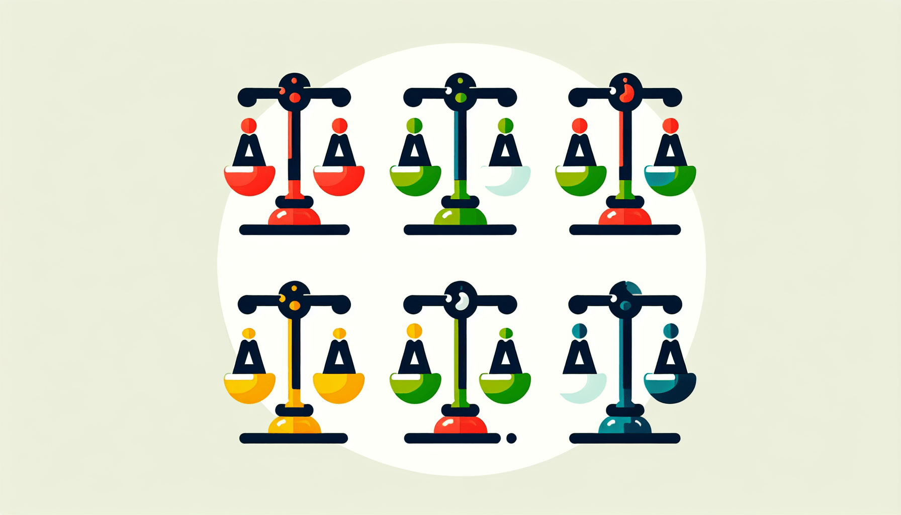 Scales in flat illustration style and white background, red #f47574, green #88c7a8, yellow #fcc44b, and blue #645bc8 colors.