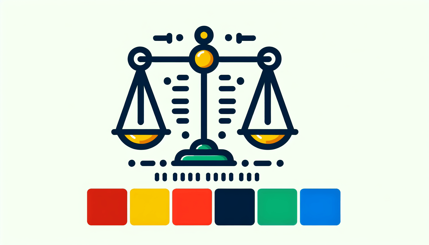 Balance scale in flat illustration style and white background, red #f47574, green #88c7a8, yellow #fcc44b, and blue #645bc8 colors.